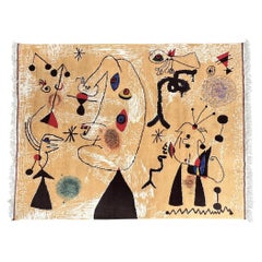 1970s Large Hand-Knotted Wool Rug in Joan Miró Style, Abstract Surealist Design