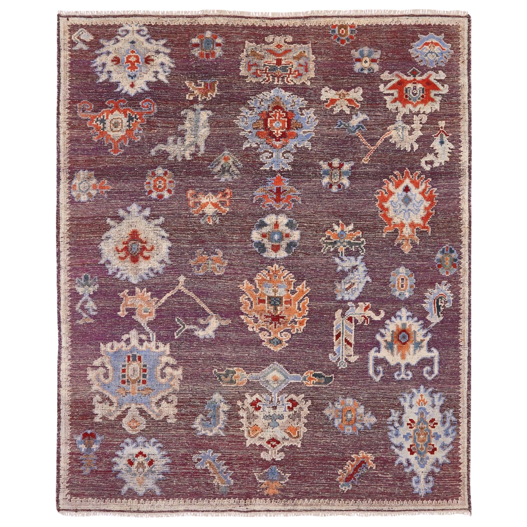 Large Hand Knotted Rug Contemporary in Style of Oushak Puple Blue Kilim