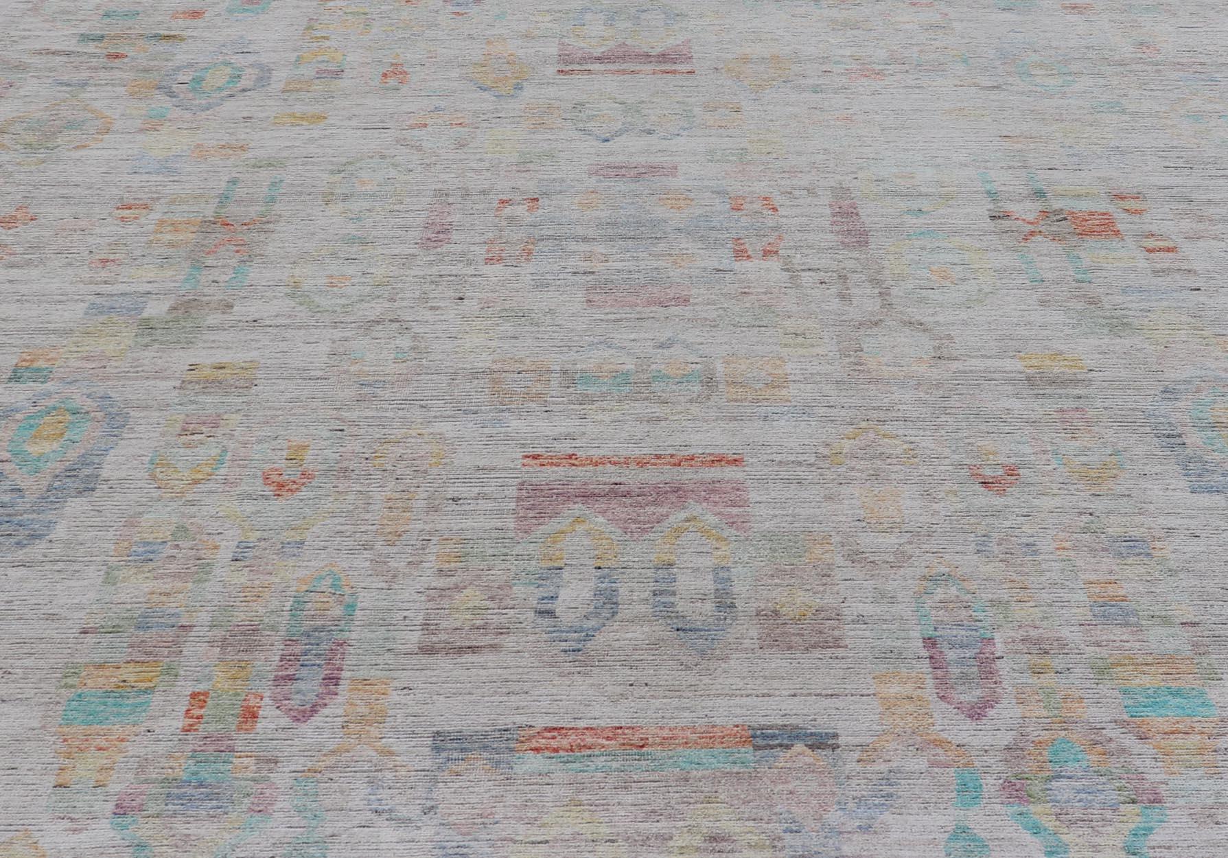 Large Hand Knotted Tribal Design Rug in off white With Pop of  cheerful Colors For Sale 4