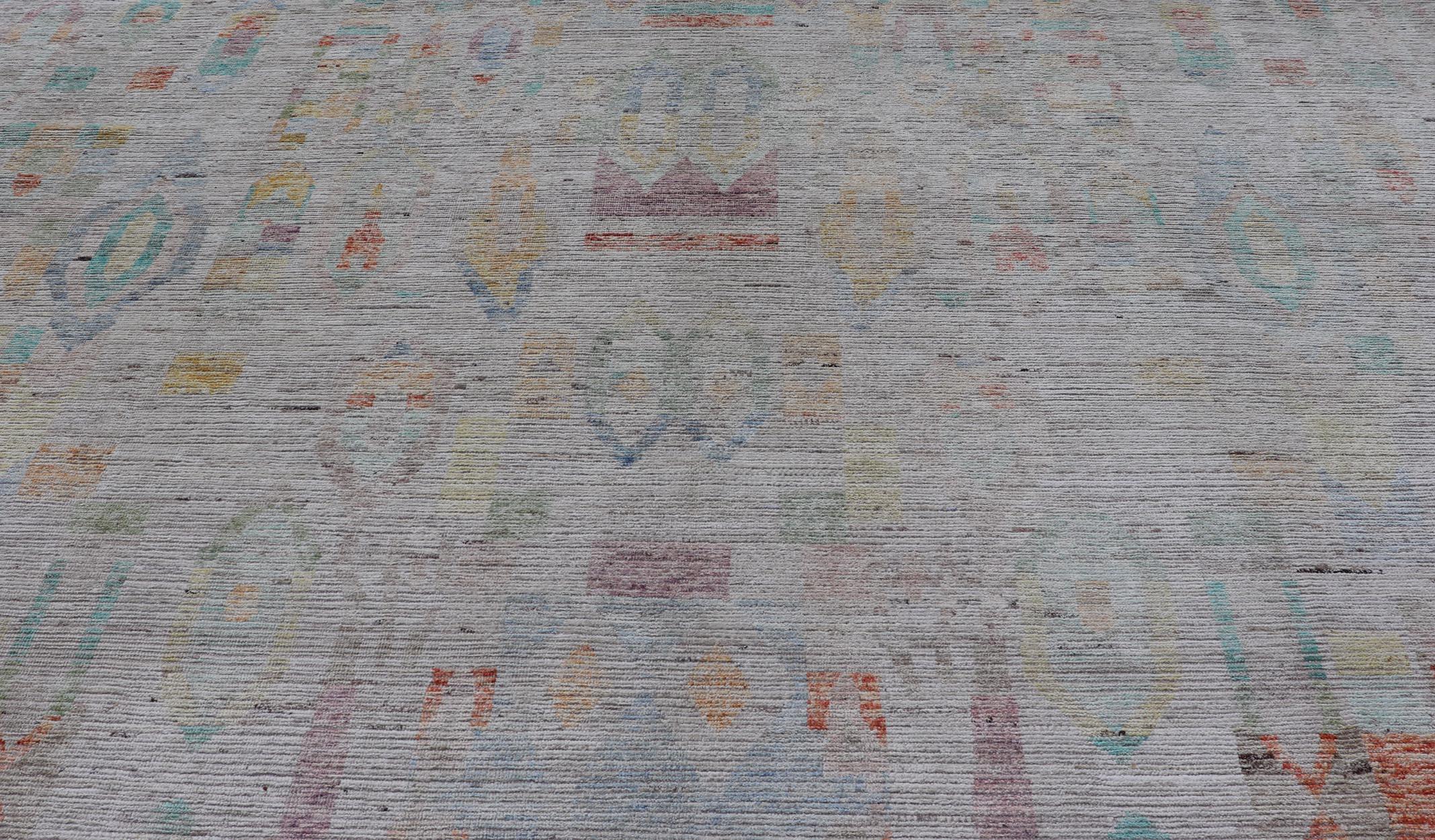 Large Hand Knotted Tribal Design Rug in off white With Pop of  cheerful Colors For Sale 5