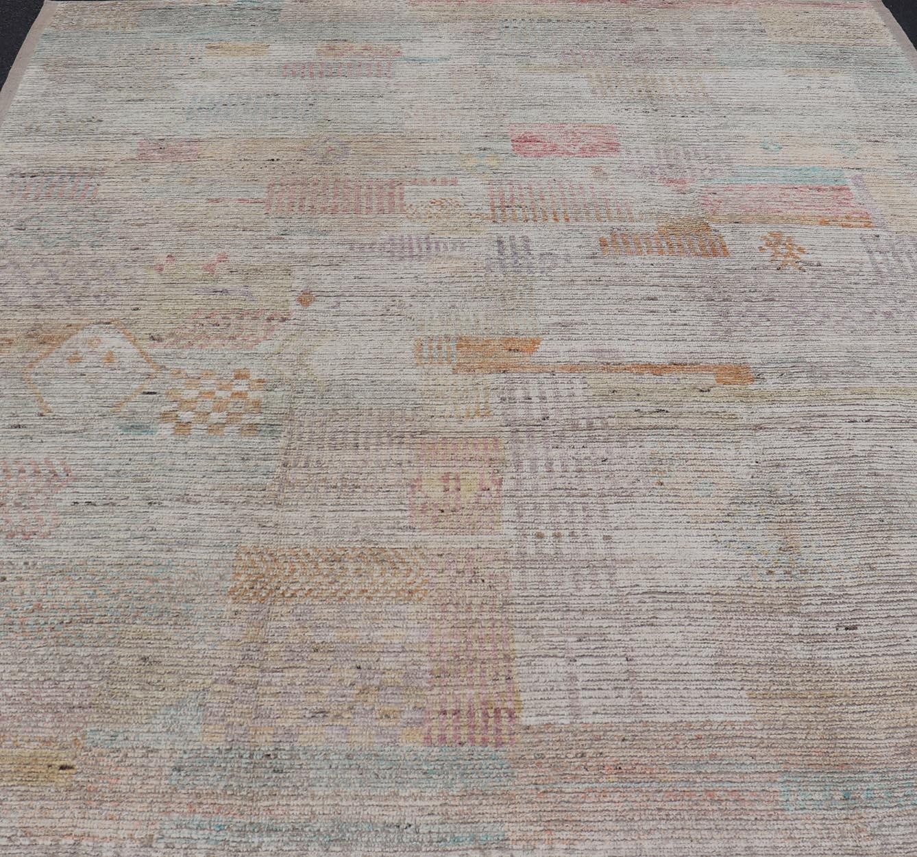 Large Hand Knotted Tribal Design Rug in Off White With Pop of Cheerful Colors For Sale 6