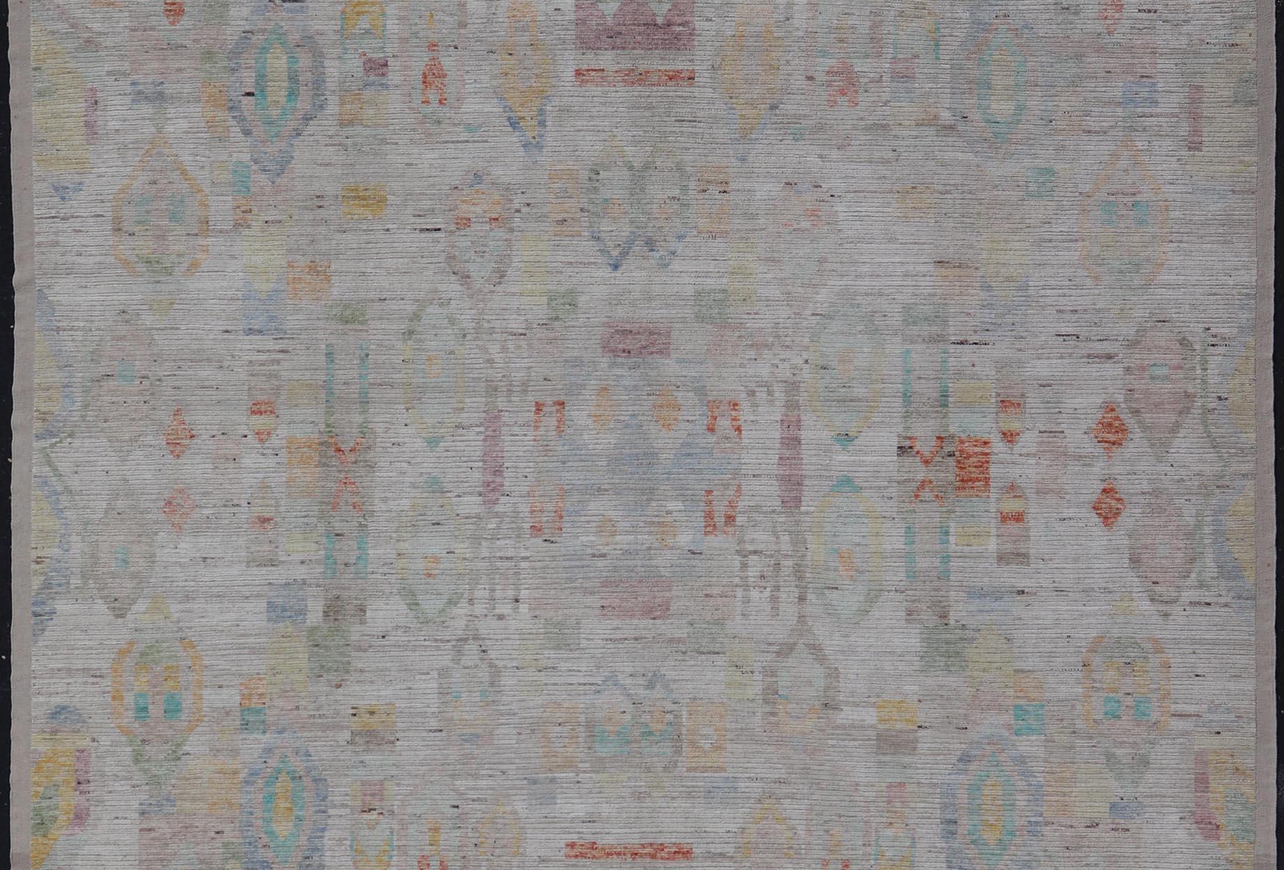 Contemporary Large Hand Knotted Tribal Design Rug in off white With Pop of  cheerful Colors For Sale