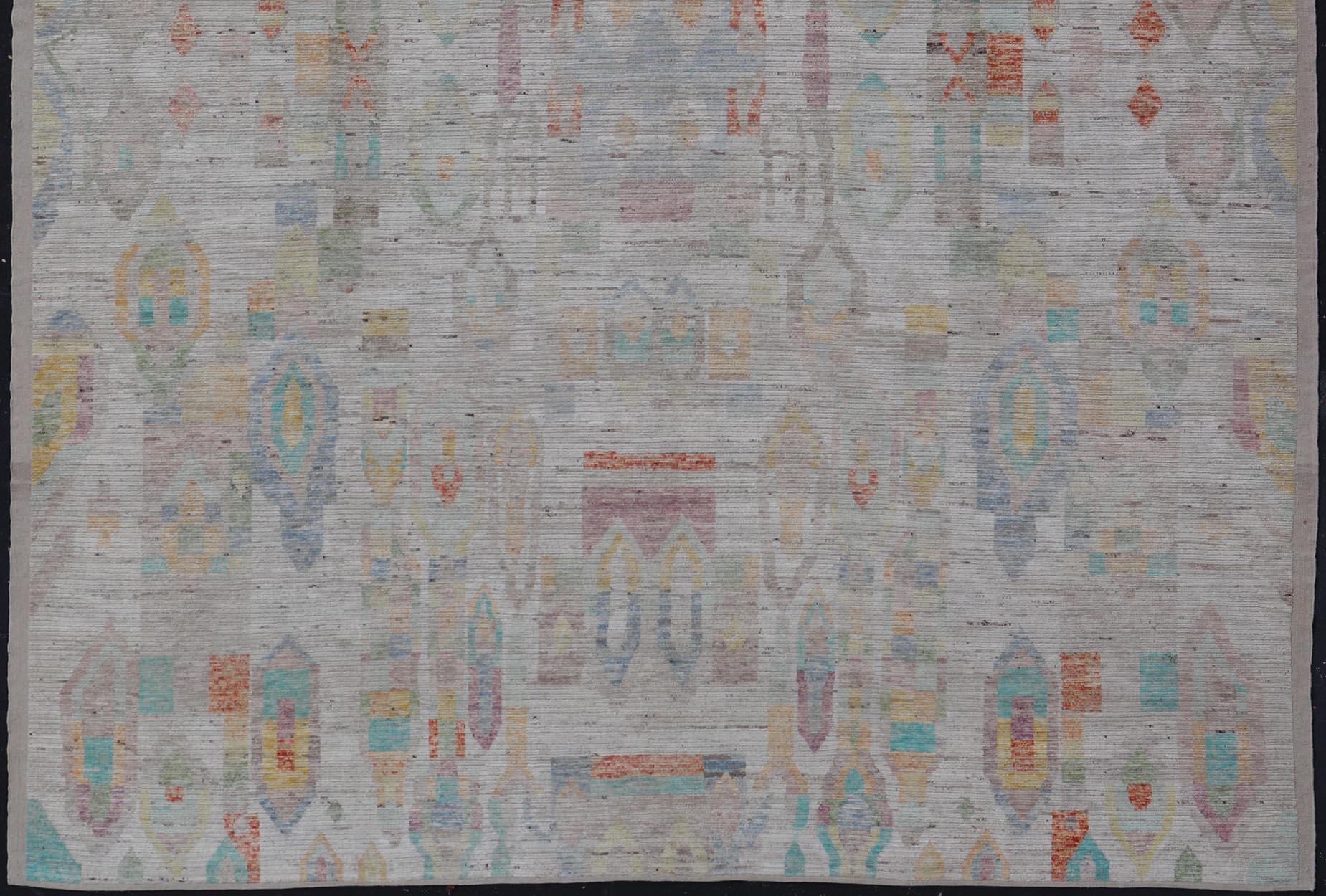 Wool Large Hand Knotted Tribal Design Rug in off white With Pop of  cheerful Colors For Sale