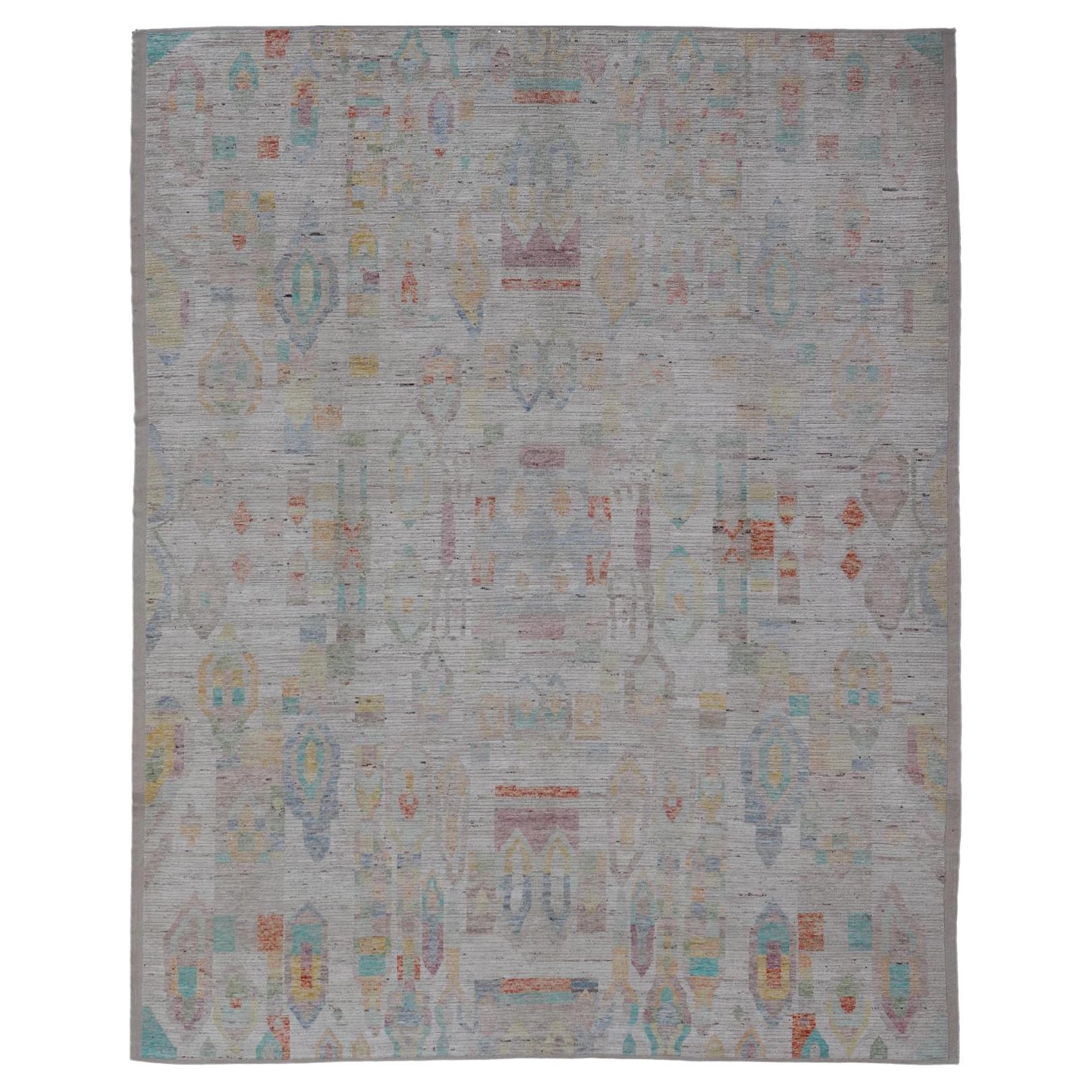 Large Hand Knotted Tribal Design Rug in off white With Pop of  cheerful Colors For Sale