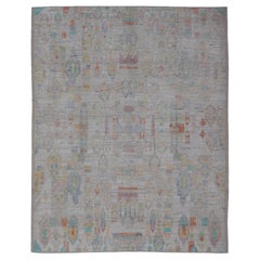 Großer handgeknüpfter Teppich im Stammesmuster in Weiß mit Pop of  Fröhliche Farben