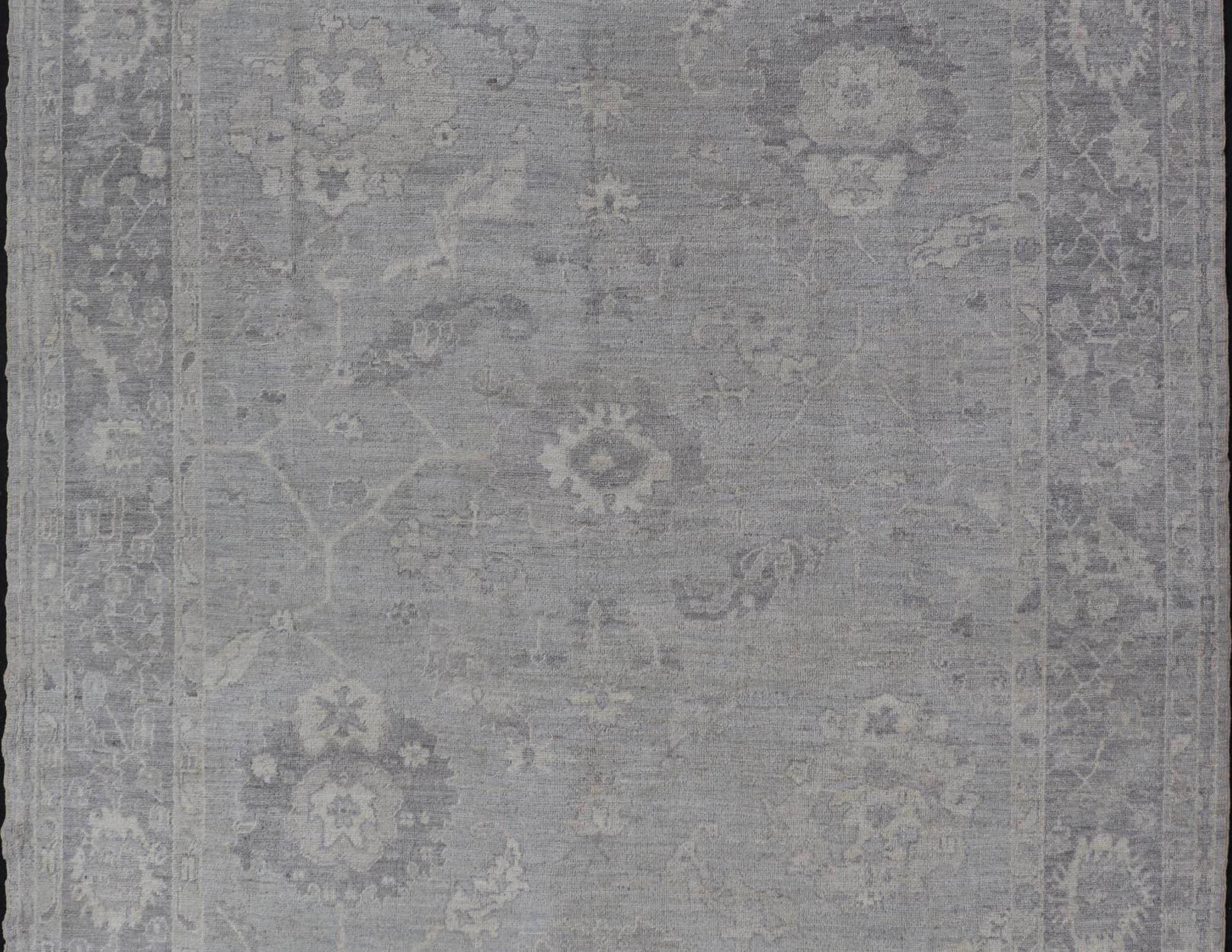 Large Hand Knotted Turkish Oushak with Floral Motifs in Gray, Taupe & Lavender For Sale 1