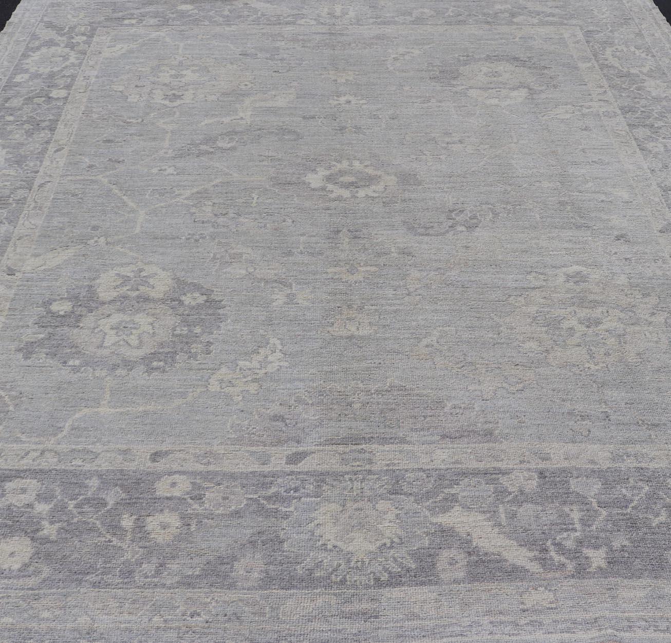 Large Hand Knotted Turkish Oushak with Floral Motifs in Gray, Taupe & Lavender For Sale 3