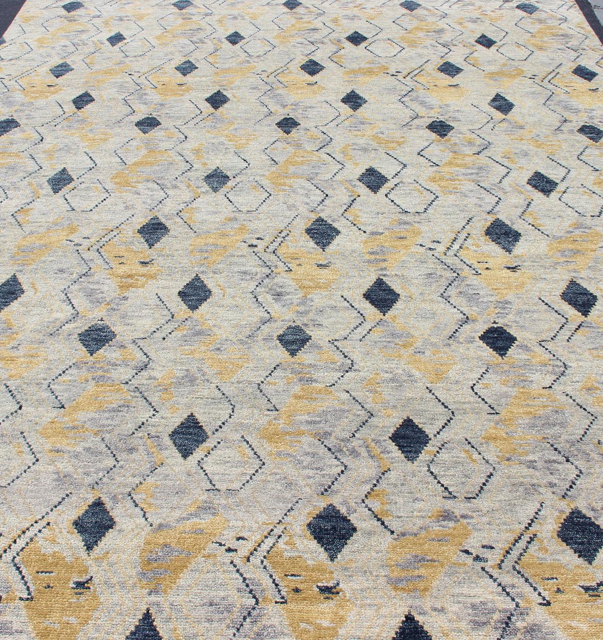 Large Hand Knotted Wool Modern Rug With Diamond Design in Yellow and Blue For Sale 5