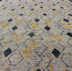 Large Hand Knotted Wool Modern Rug With Diamond Design in Yellow and Blue