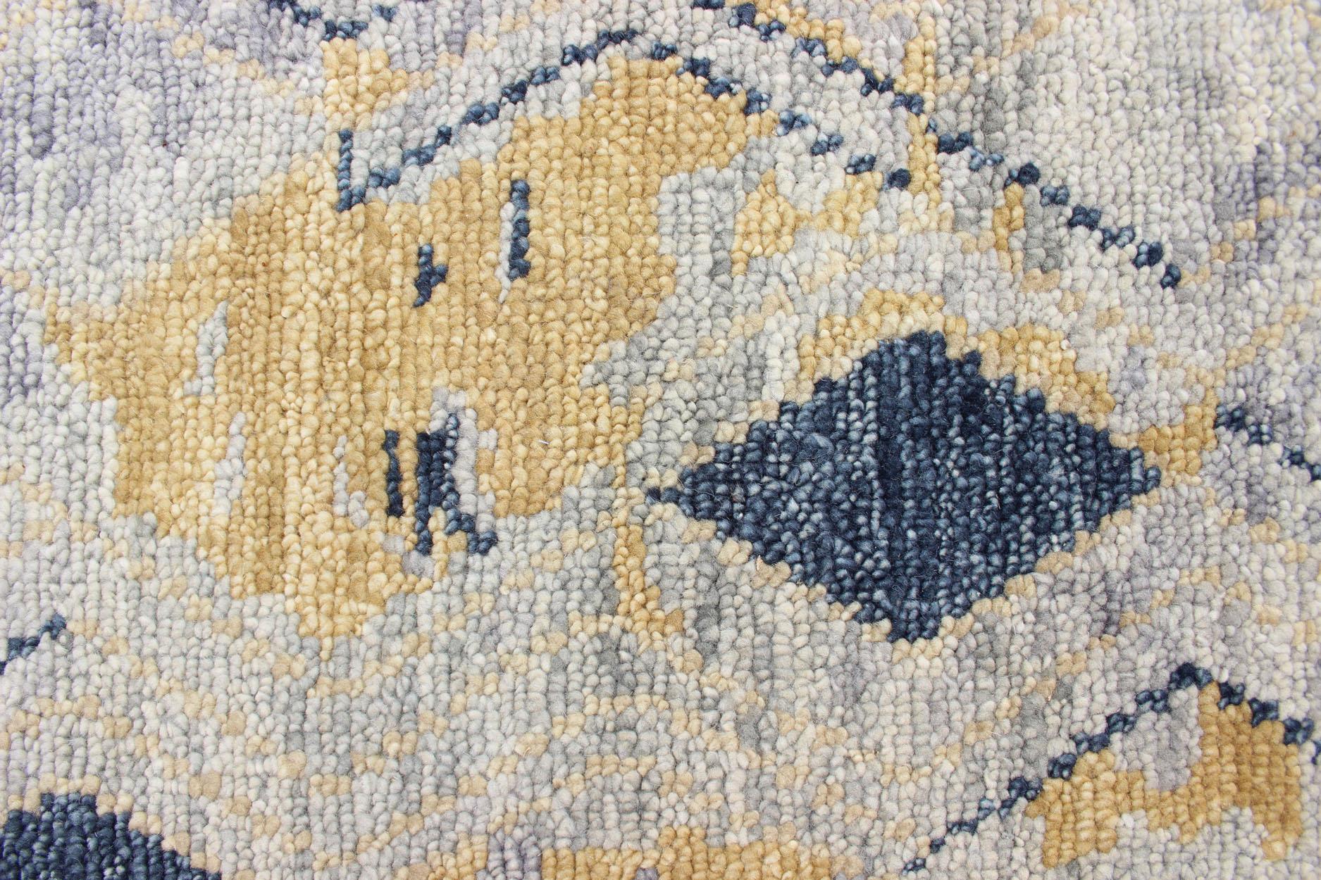 Contemporary Large Hand Knotted Wool Modern Rug With Diamond Design in Yellow and Blue For Sale