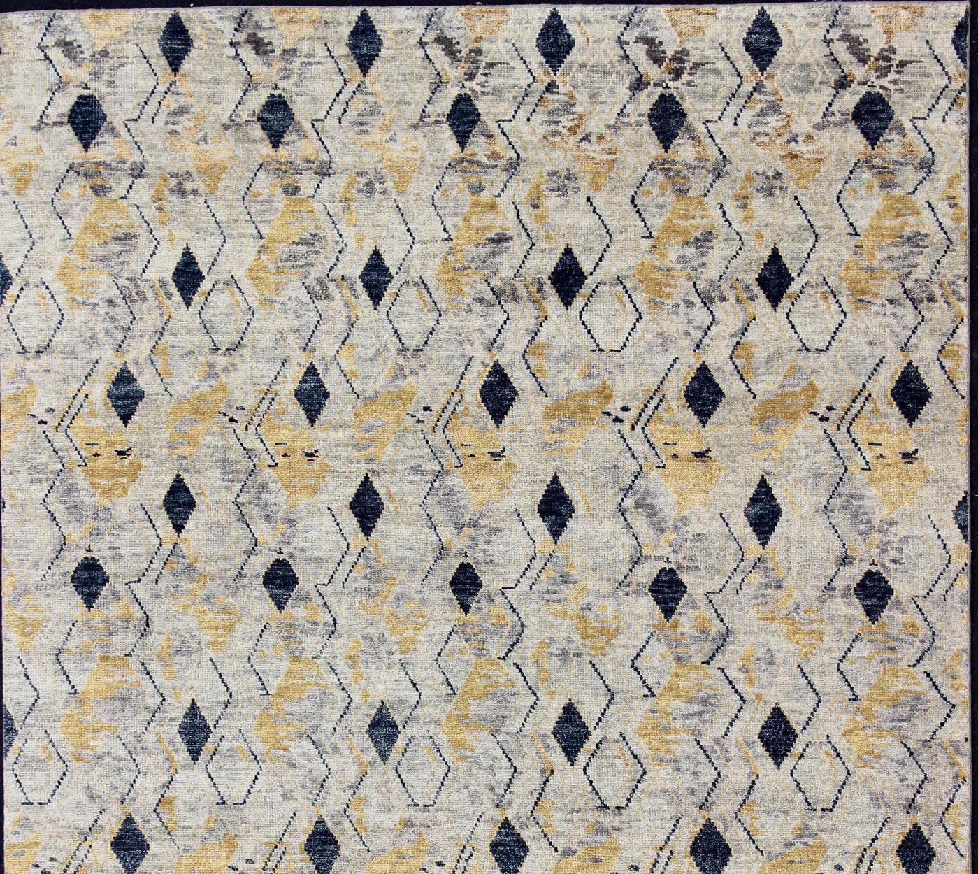 Large Hand Knotted Wool Modern Rug With Diamond Design in Yellow and Blue For Sale 1