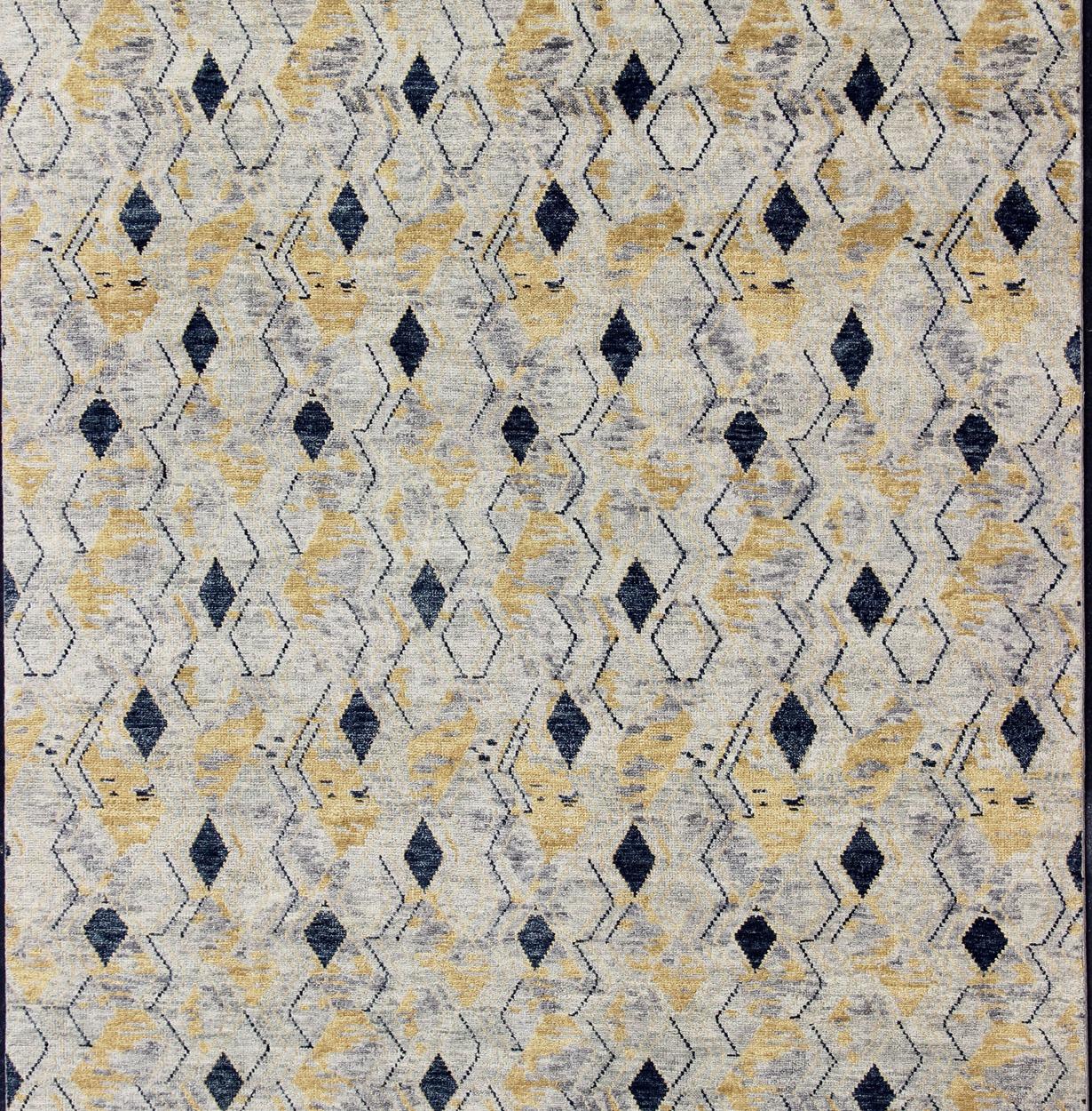 Large Hand Knotted Wool Modern Rug With Diamond Design in Yellow and Blue For Sale 2