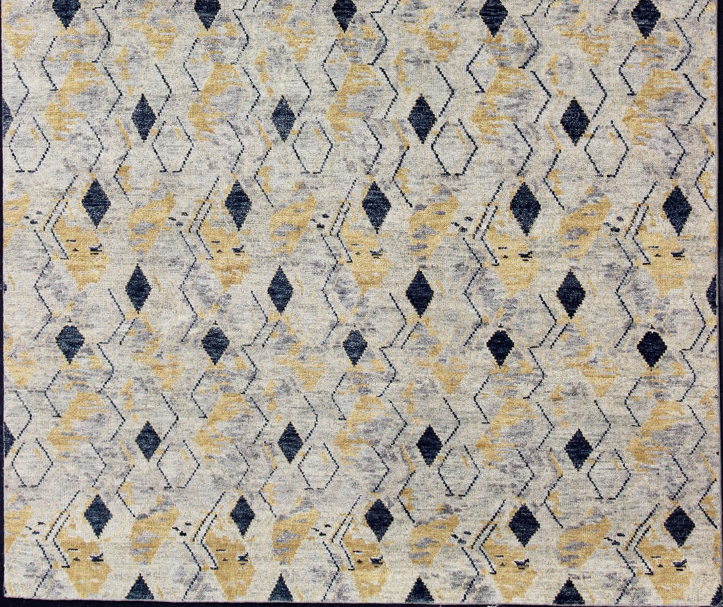 Large Hand Knotted Wool Modern Rug With Diamond Design in Yellow and Blue For Sale 3