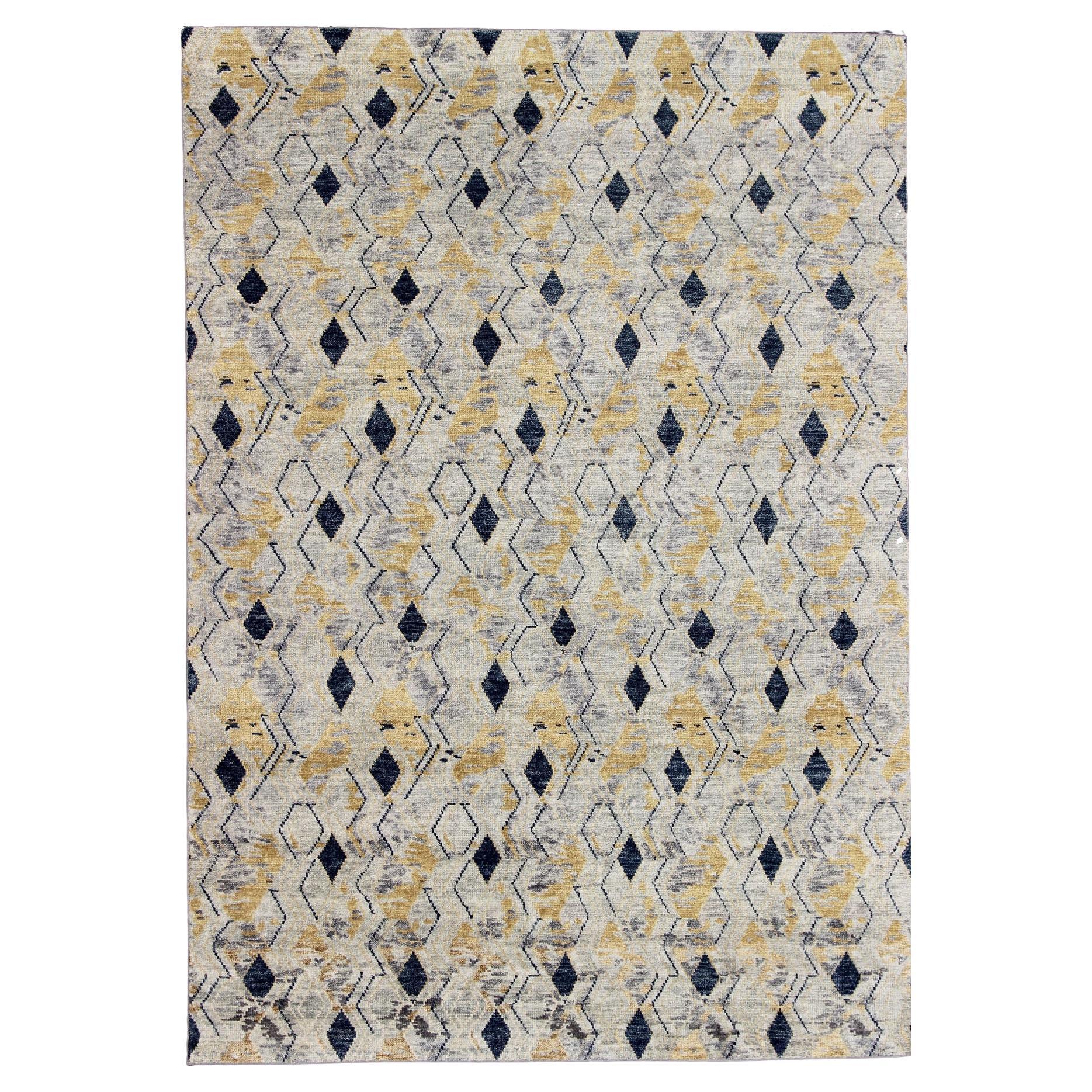 Large Hand Knotted Wool Modern Rug With Diamond Design in Yellow and Blue For Sale