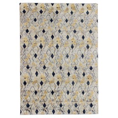 Grand tapis moderne noué à la main avec un motif de diamant en jaune et bleu