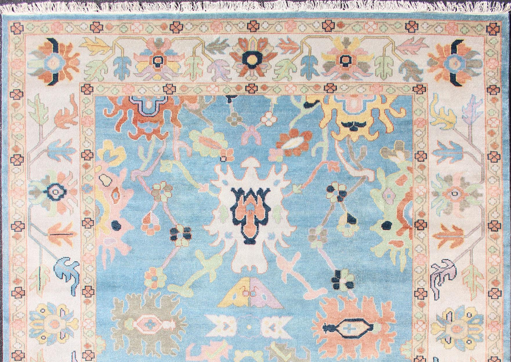 Keivan Woven Arts Hand-Knotted Wool Oushak Rug in Blue Background & Multi Colors For Sale 6