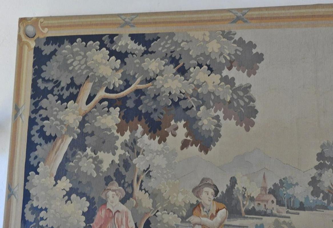French Provincial Large Handmade Flemish Style Tapestry of Boys Playing Bowling in Yard
