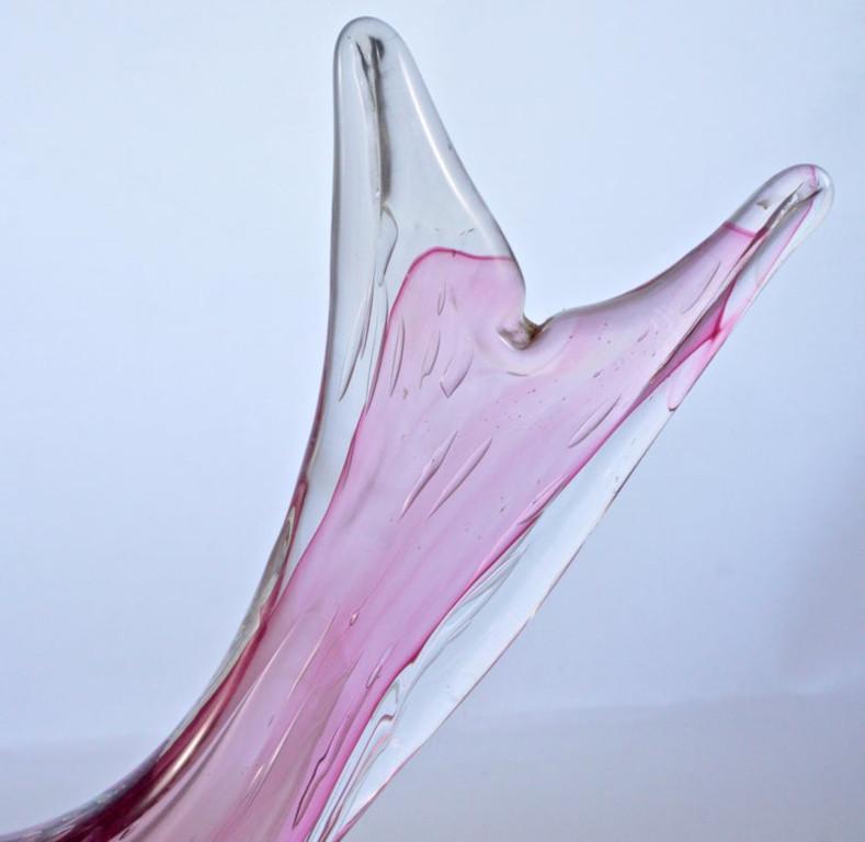 Mid-Century Modern Large Handmade Magenta Pink and Clear Bubble Art Glass Fish Sculpture, 1960s For Sale