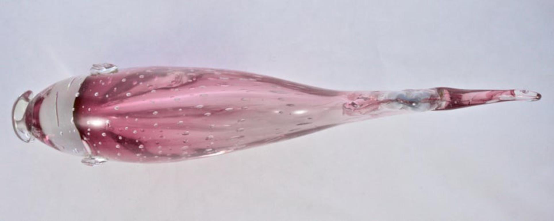 Mid-20th Century Large Handmade Magenta Pink and Clear Bubble Art Glass Fish Sculpture, 1960s For Sale