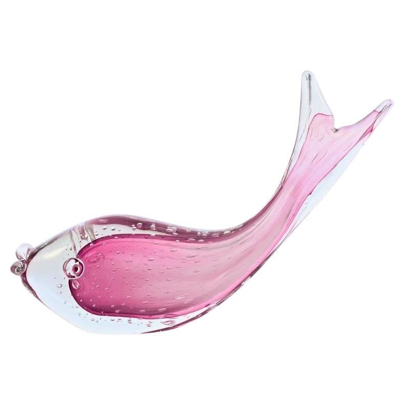 Large Handmade Magenta Pink and Clear Bubble Art Glass Fish Sculpture, 1960s