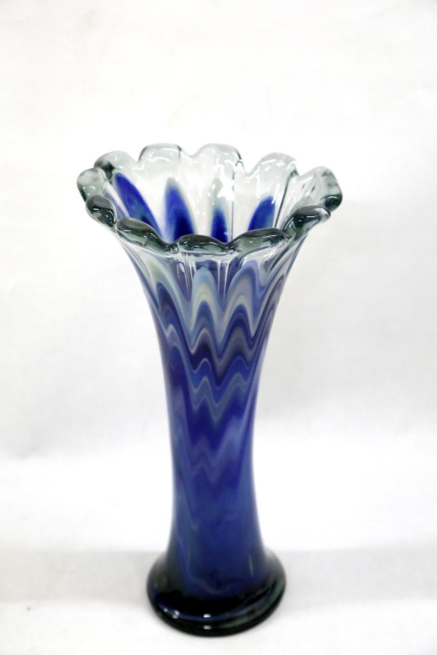 Large hand glass vase, which gradients from ocean blue to transparent, 1970s.