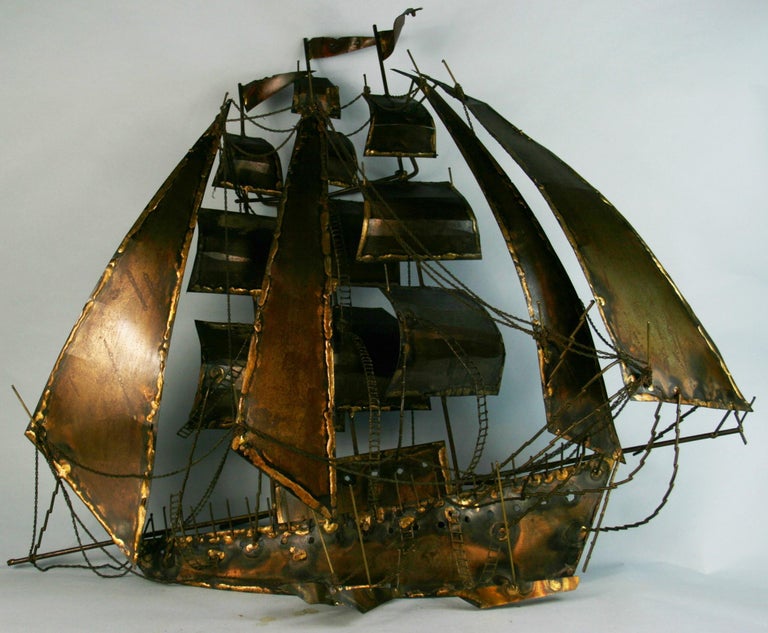 Large Hand Made Sailing Ship Wall Sculpture In Good Condition For Sale In Douglas Manor, NY