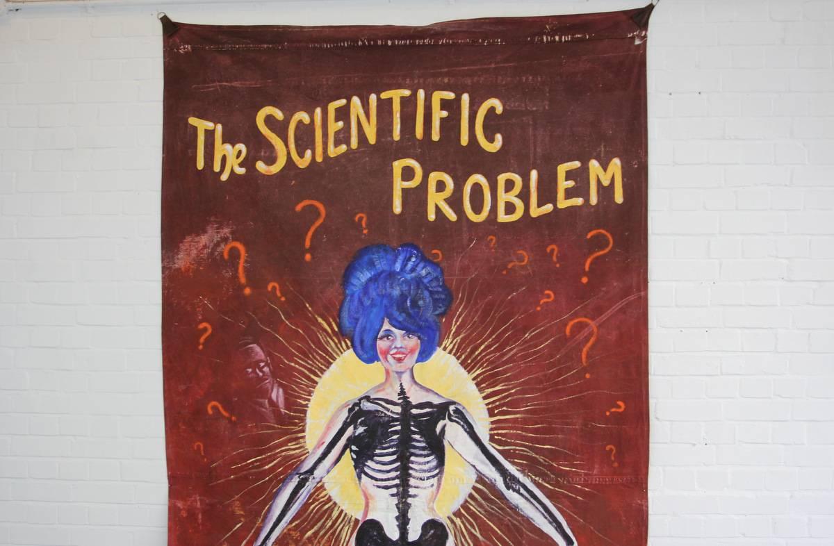 Large hand-painted American circus sideshow banner, circa 1960s

- Hand-painted on canvas
- American, circa 1960s
- Measures: 330cm tall x 166cm wide

Condition report:

Some minor creasing and age marks, just one small tear in the top right