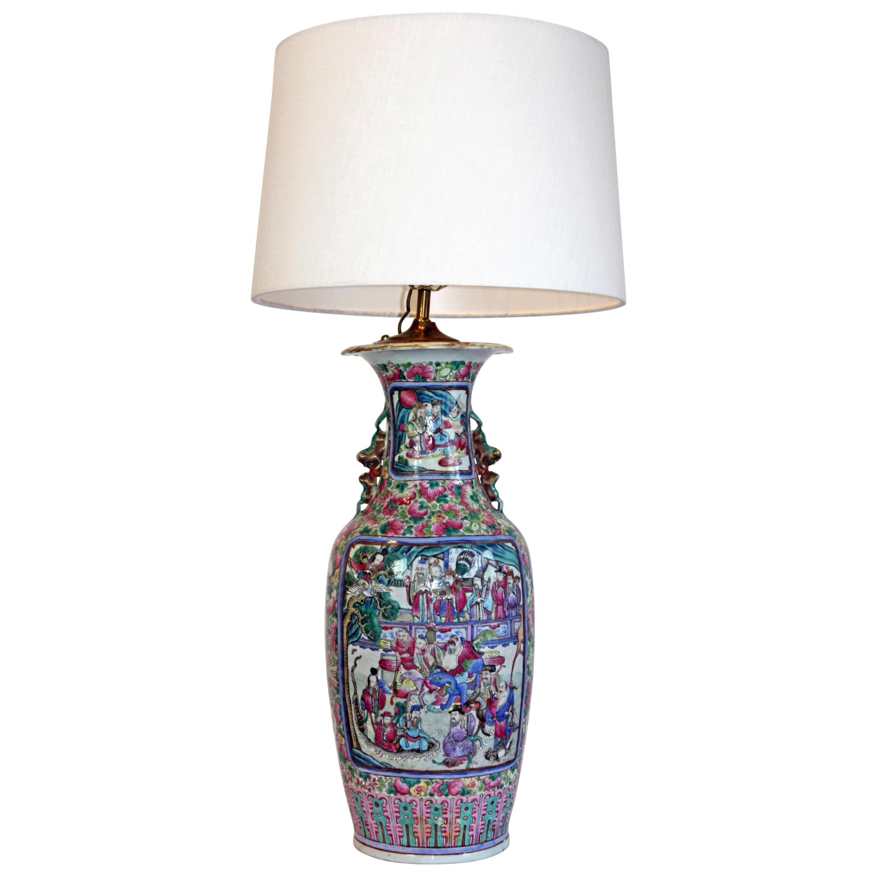 Large Hand-Painted Asian Vase Lamp For Sale