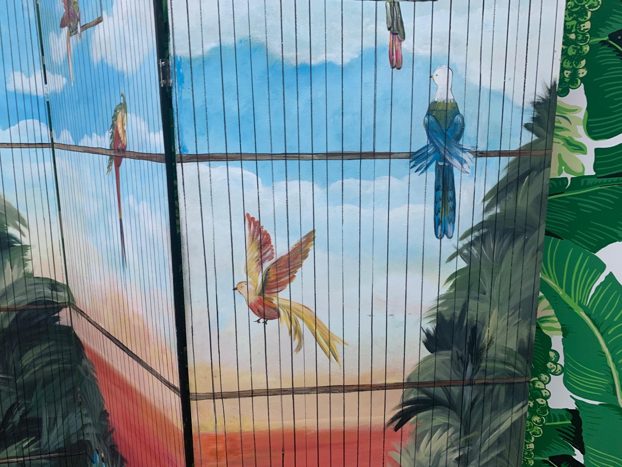 Large Hand Painted Birdcage 3 Panel Screen Room Divider In Good Condition In Jacksonville, FL