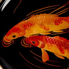 Large Hand Painted Black Lacquered Japanese Plate