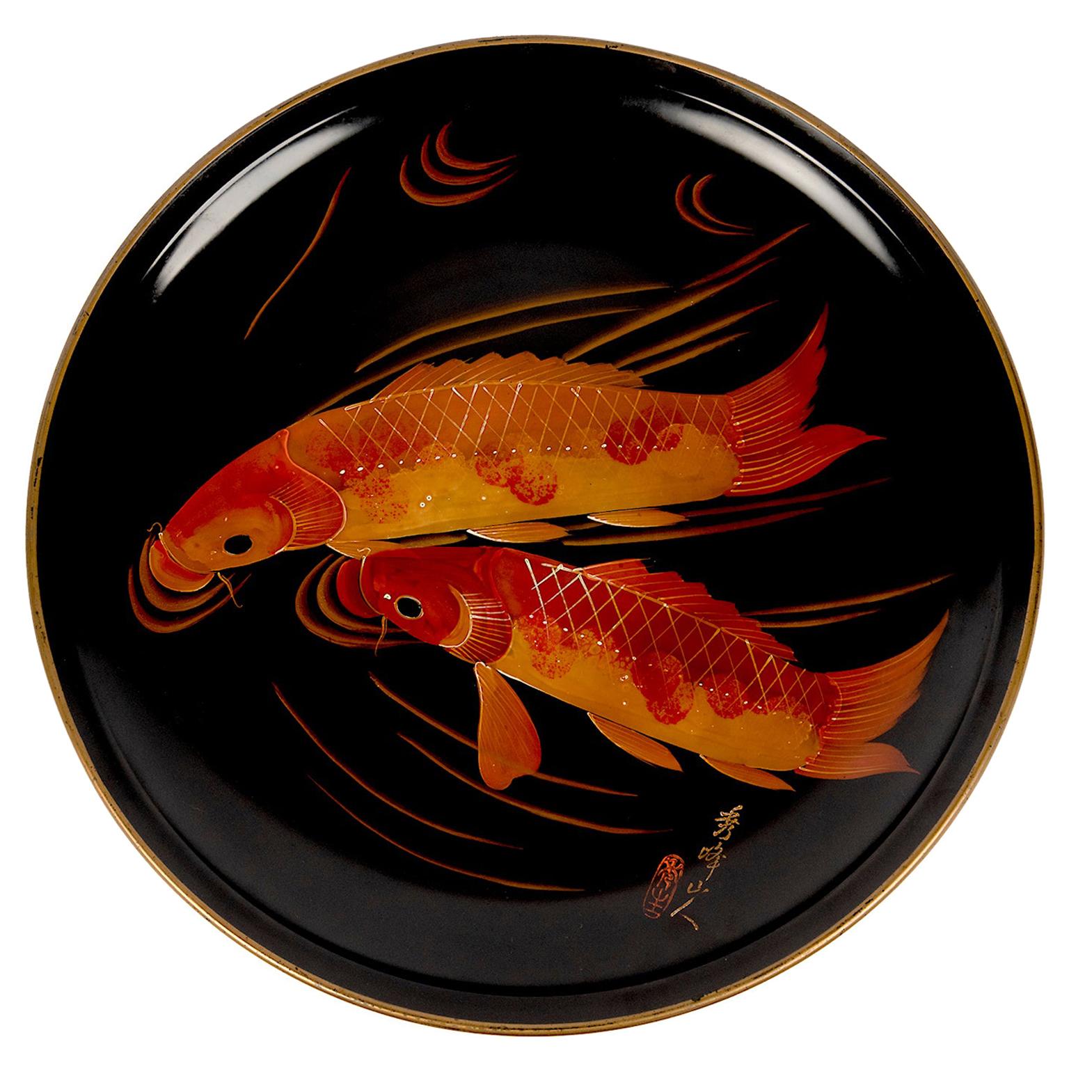 Large Hand Painted Black Lacquered Japanese Plate