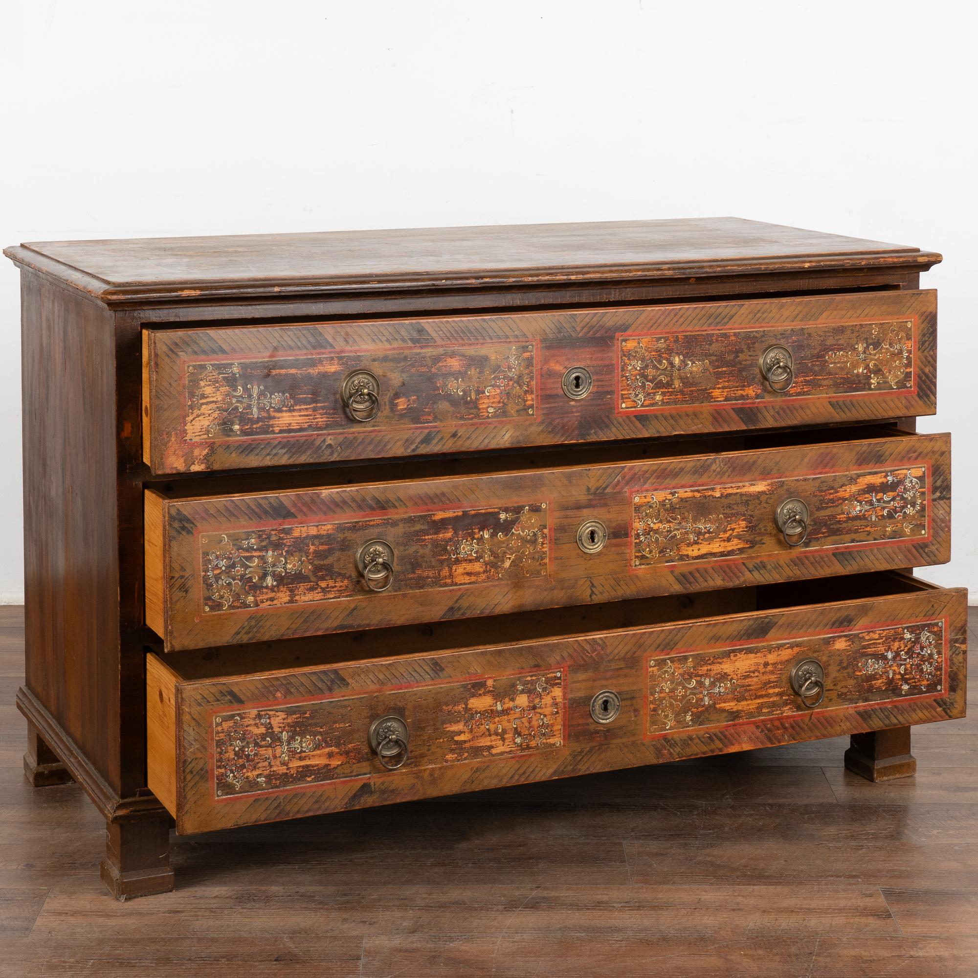 Folk Art Large Hand Painted Blanket Chest of Three Drawers, Hungary dated 1872