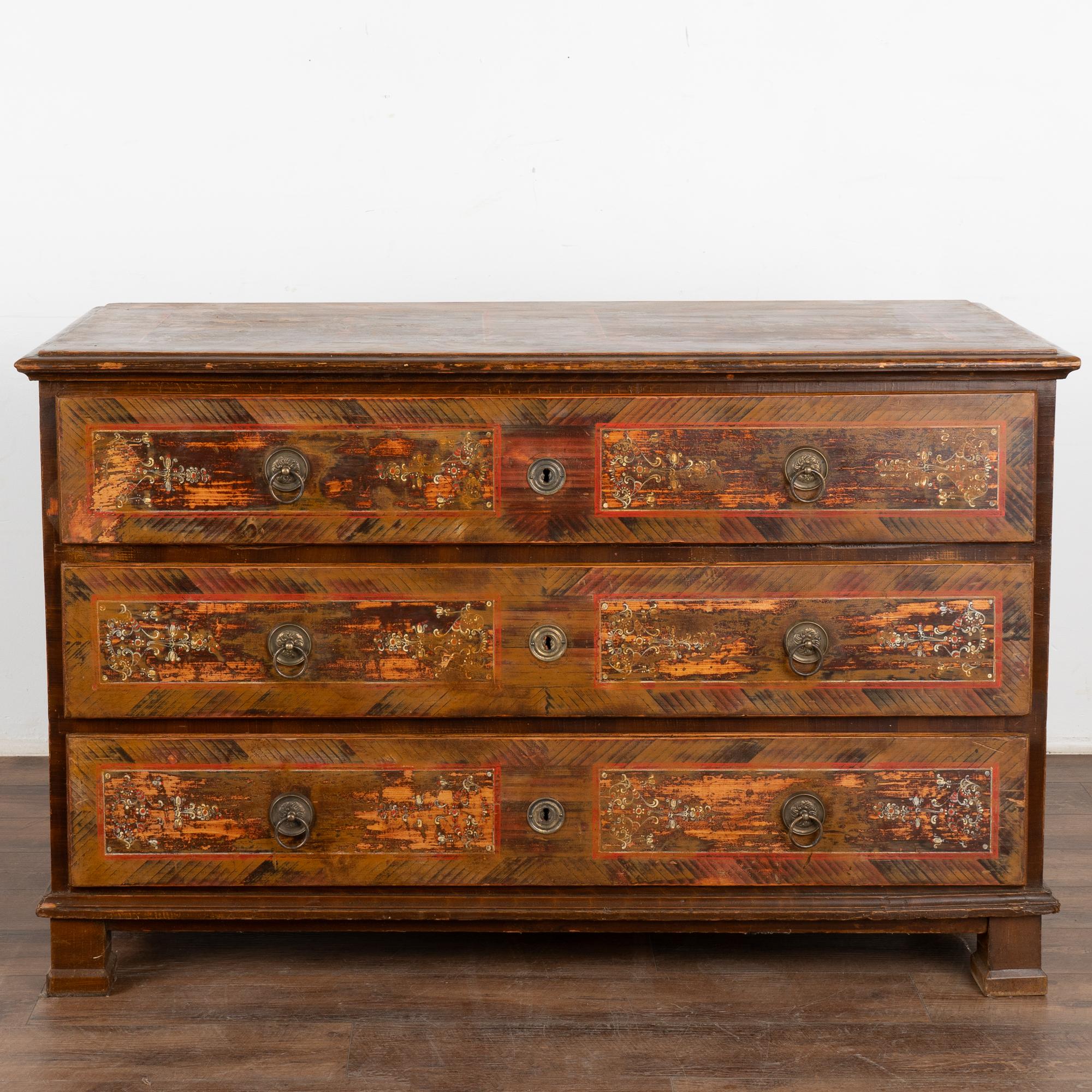 Hungarian Large Hand Painted Blanket Chest of Three Drawers, Hungary dated 1872