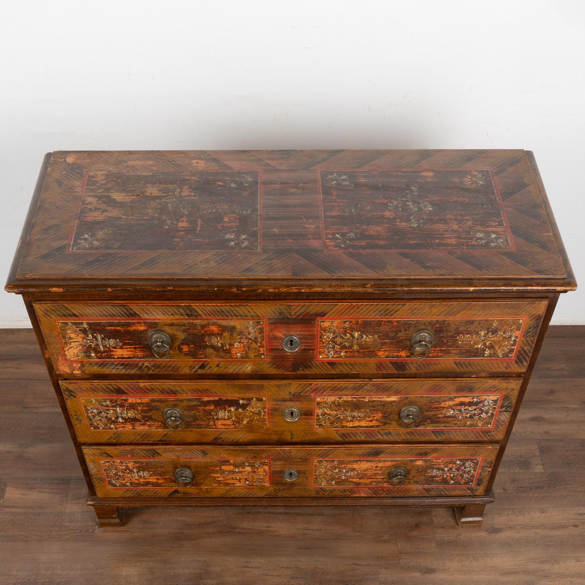 Large Hand Painted Blanket Chest of Three Drawers, Hungary dated 1872 In Good Condition In Round Top, TX