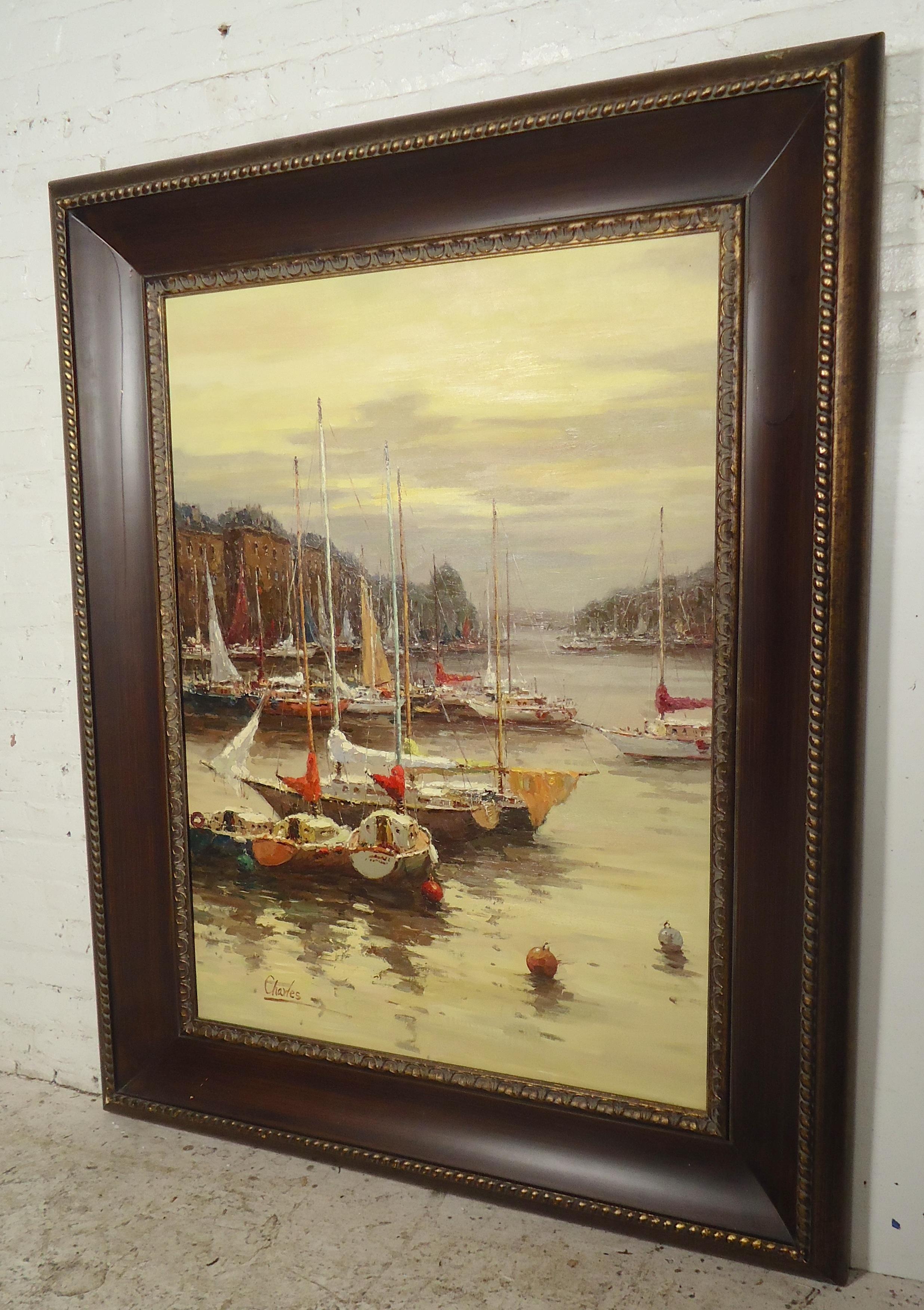 Beautiful painting of docked boats with landscape behind. Great coloring and detailed brush strokes.

(Please confirm item location - NY or NJ - with dealer).
    