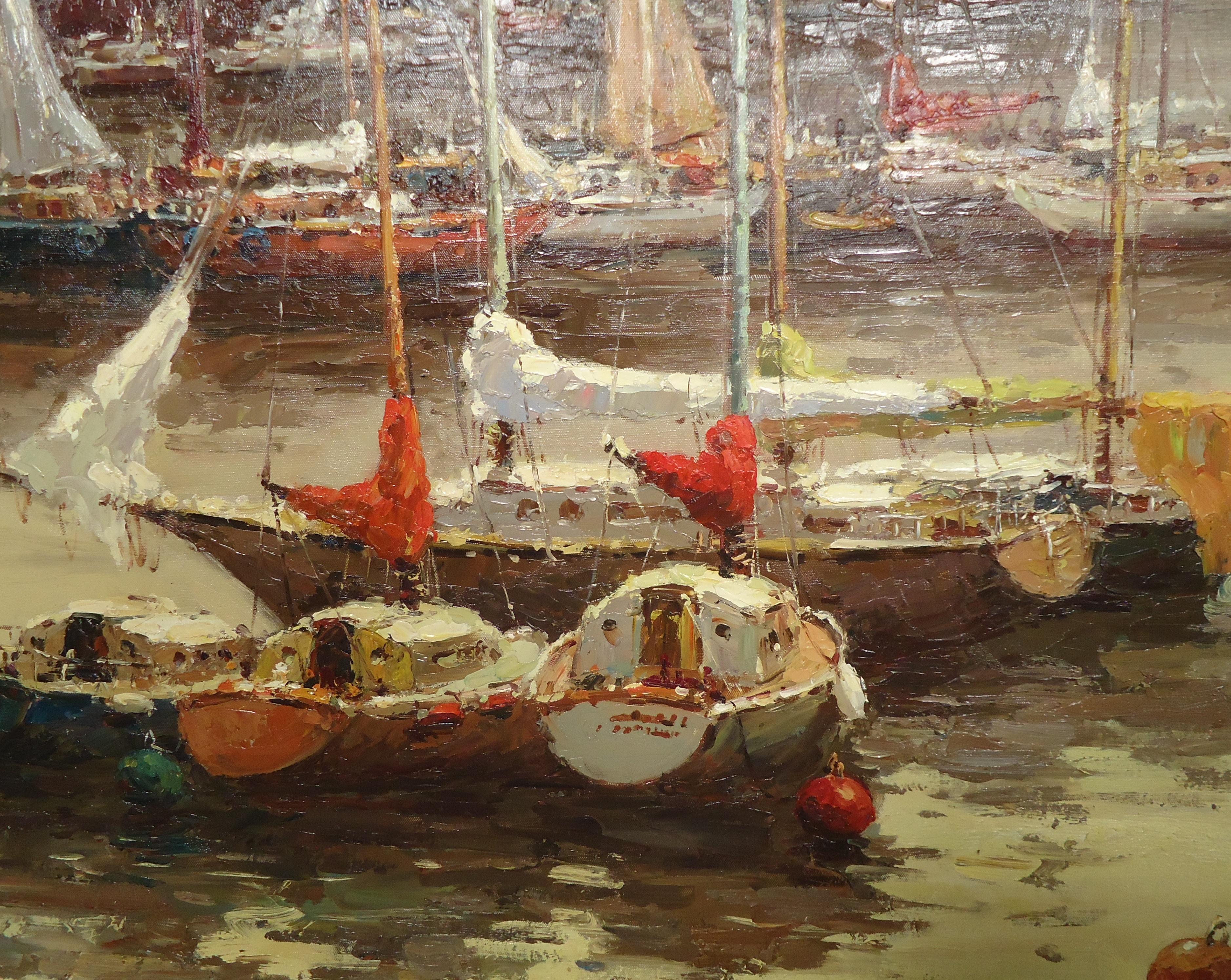 20th Century Large Hand-Painted Boat Scene