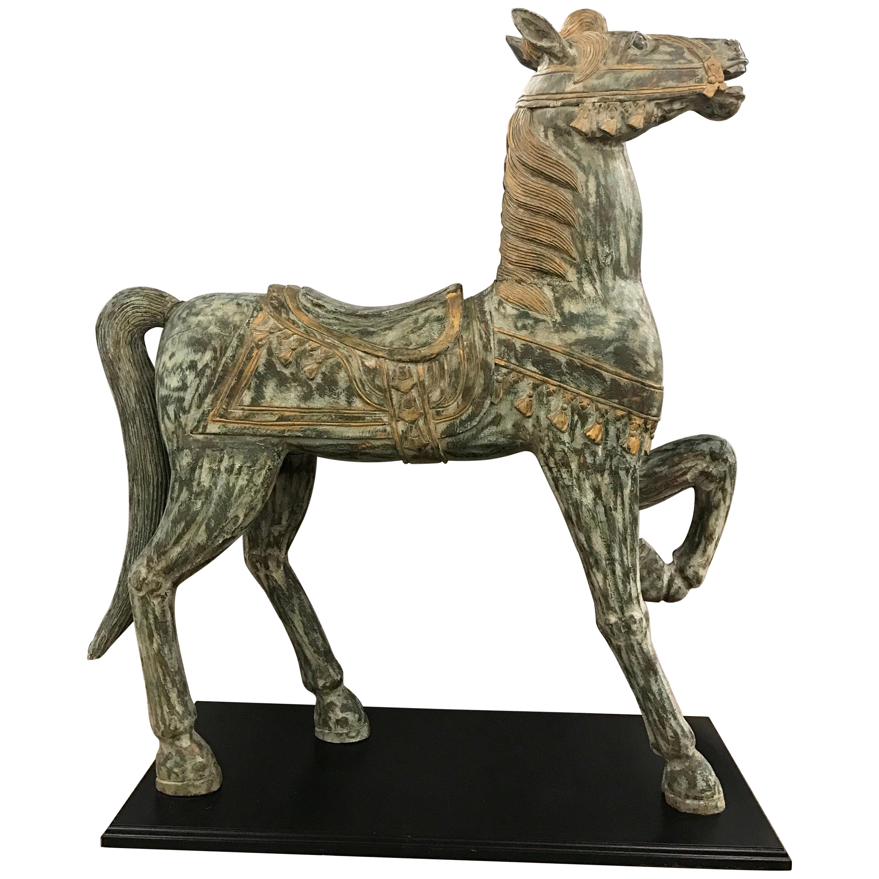 Large Hand-Painted Carved Prancing Horse Sculpture Equestrian Equine