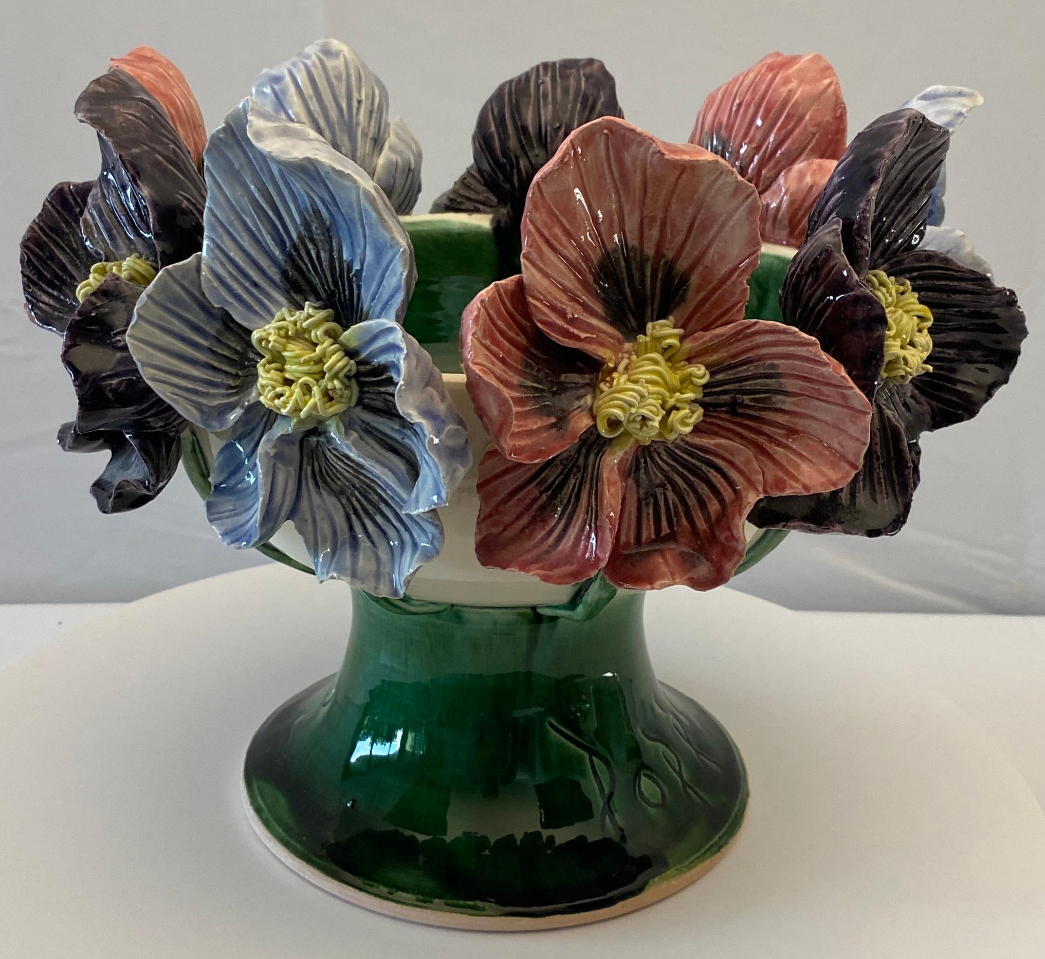 Large French Barbotine Style Ceramic Flower Vase signed Debra Betancourt 2