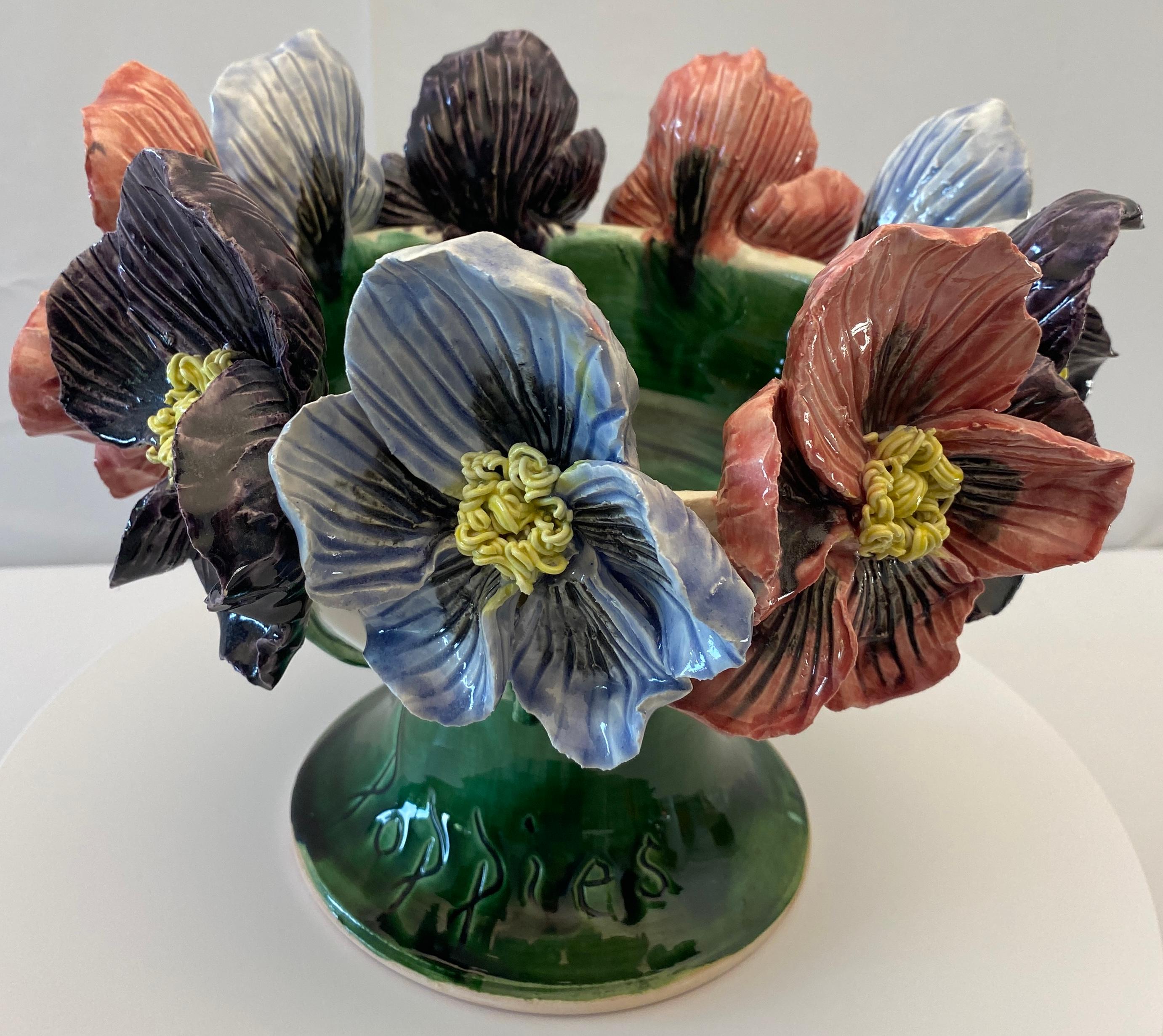A fine hand-crafted ceramic vase bowl with high relief in the manner of Pair of Antique Barbotine Vases from France by Jean Pointu.
Work is titled 