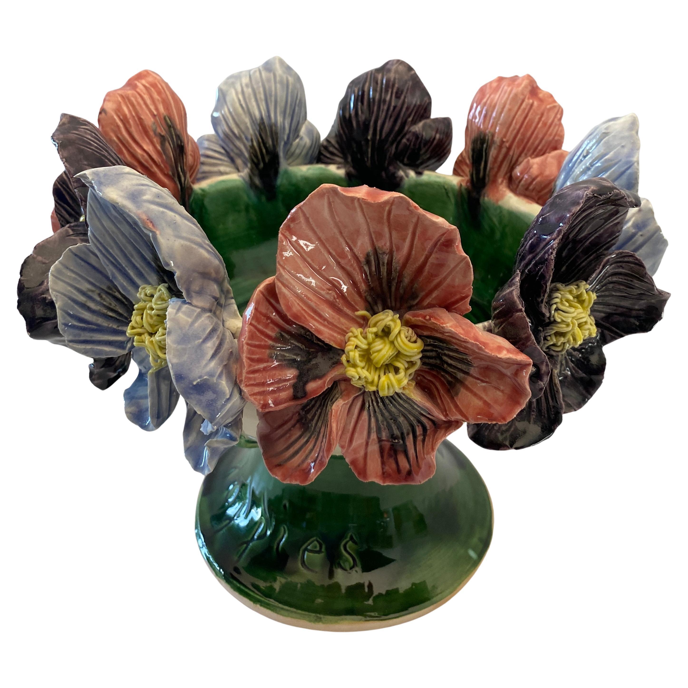 Large French Barbotine Style Ceramic Flower Vase signed Debra Betancourt  For Sale