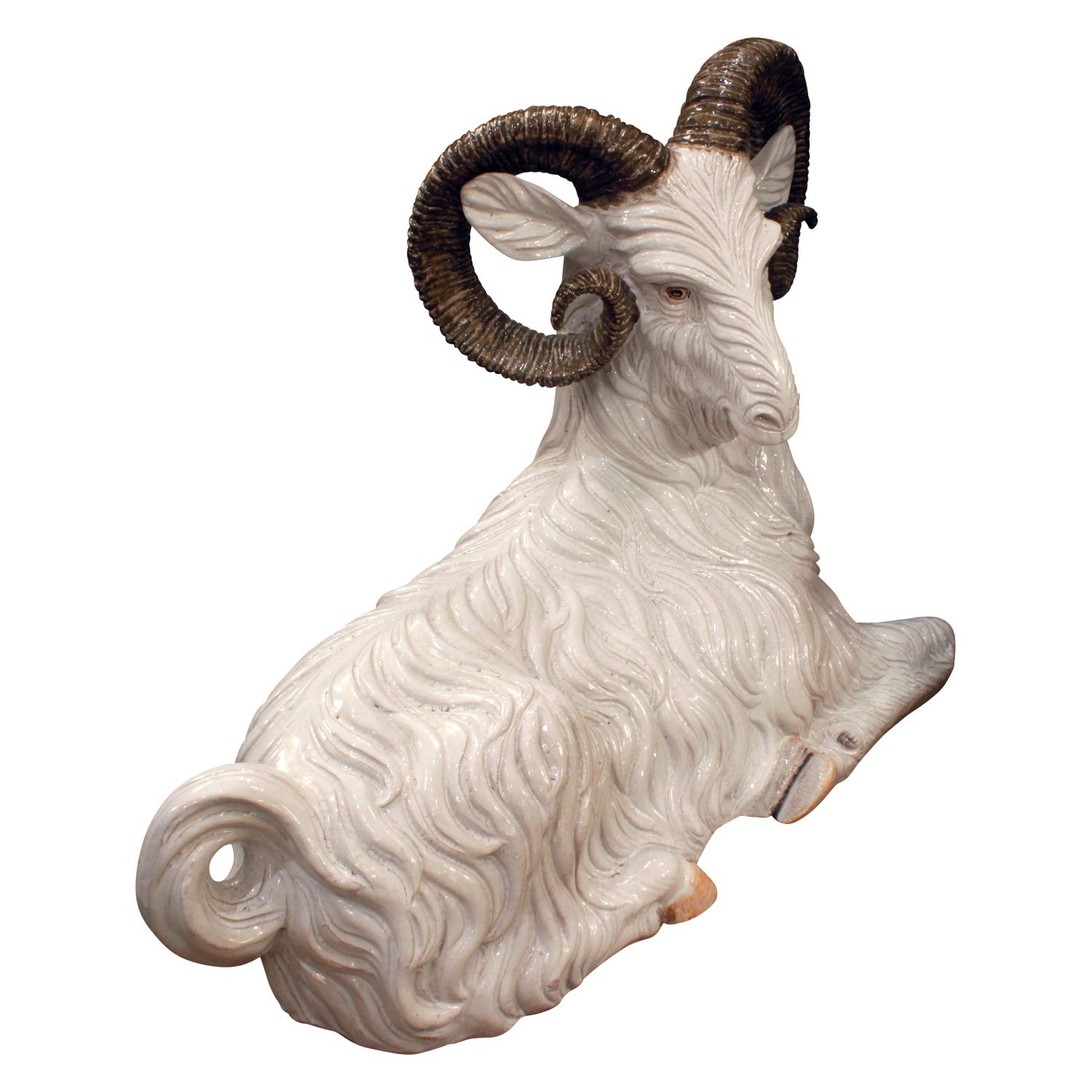 Large hand painted and glazed ceramic ram, Italy 1950s (signed 