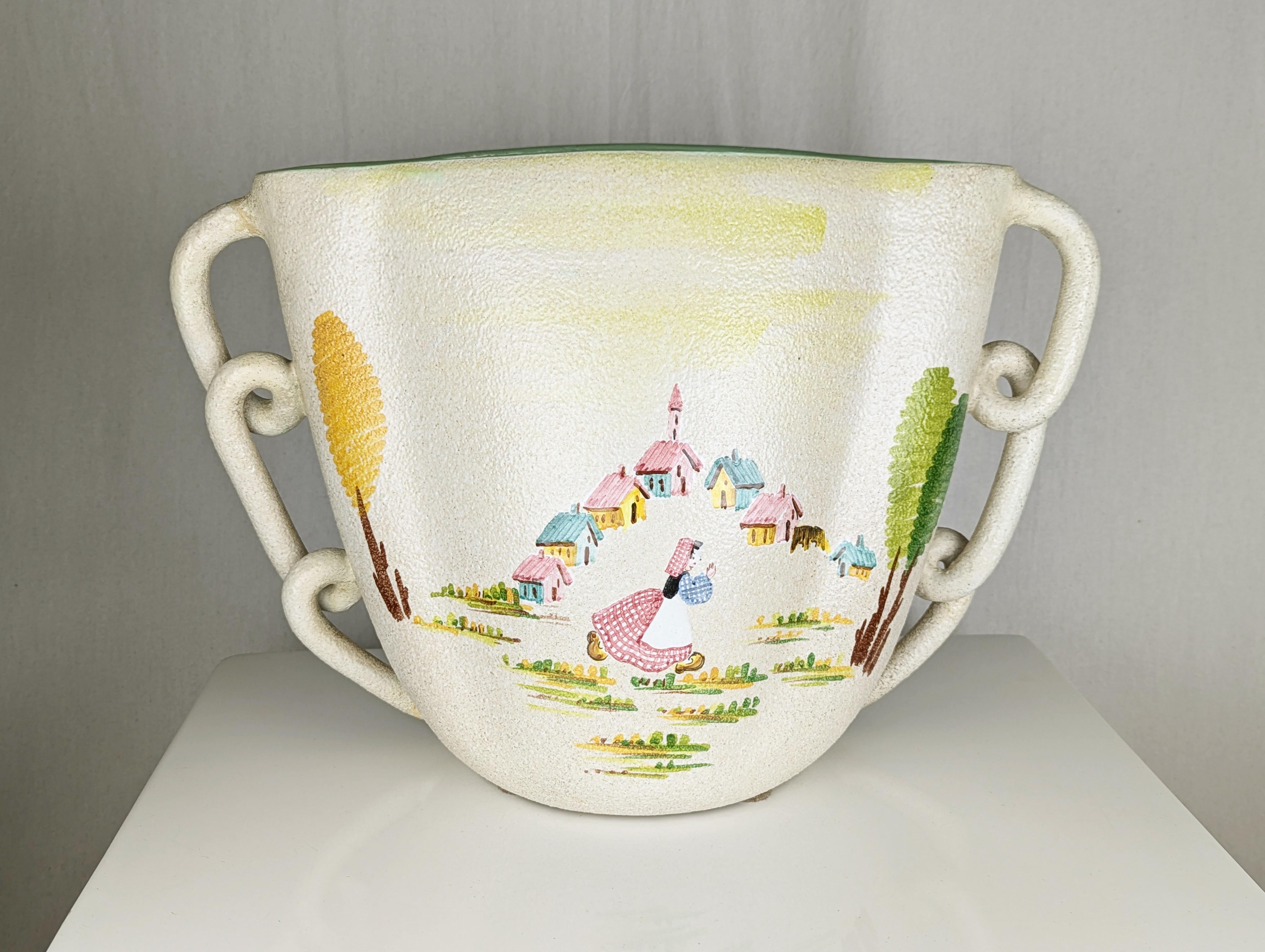 Hand-Painted Large hand painted ceramic Mid Century vase by CE AS Albisola For Sale