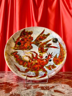 Gran plato de cerámica pintado a mano por Monique Brunner, hacia 1950