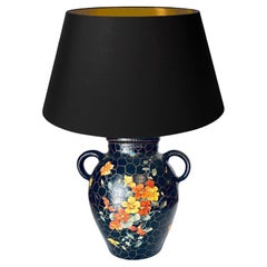 Large Hand-Painted Ceramic Table Lamp, Floral and Insect Motifs, 1960s