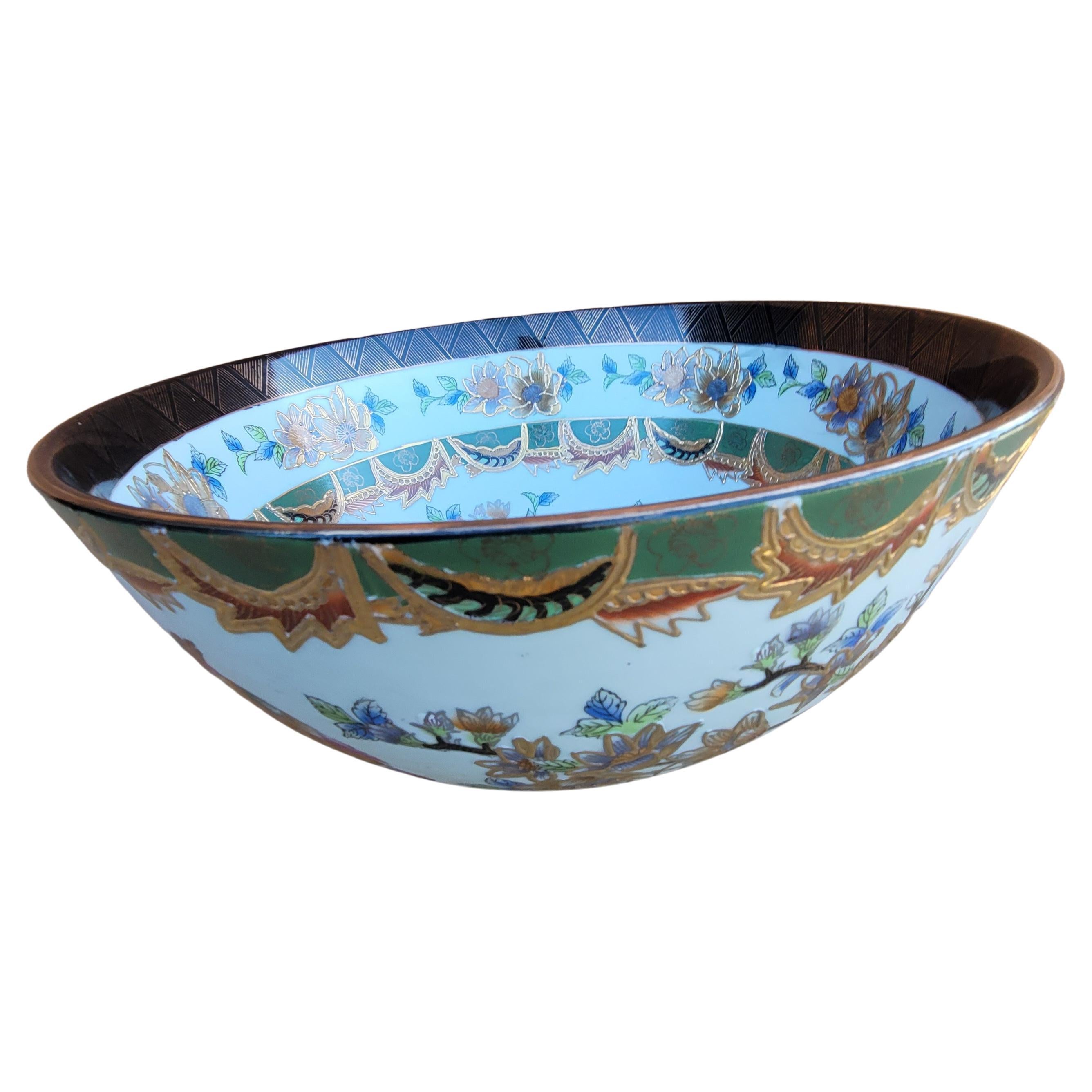 Enameled Large Hand-Painted Chinese Enamel And Gilt Decorated Porcelain Bowl For Sale