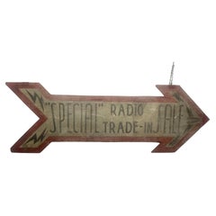 Retro Large Hand Painted Double Sided Arrow "Radio Trade In" Folk Art Trade/Store Sign