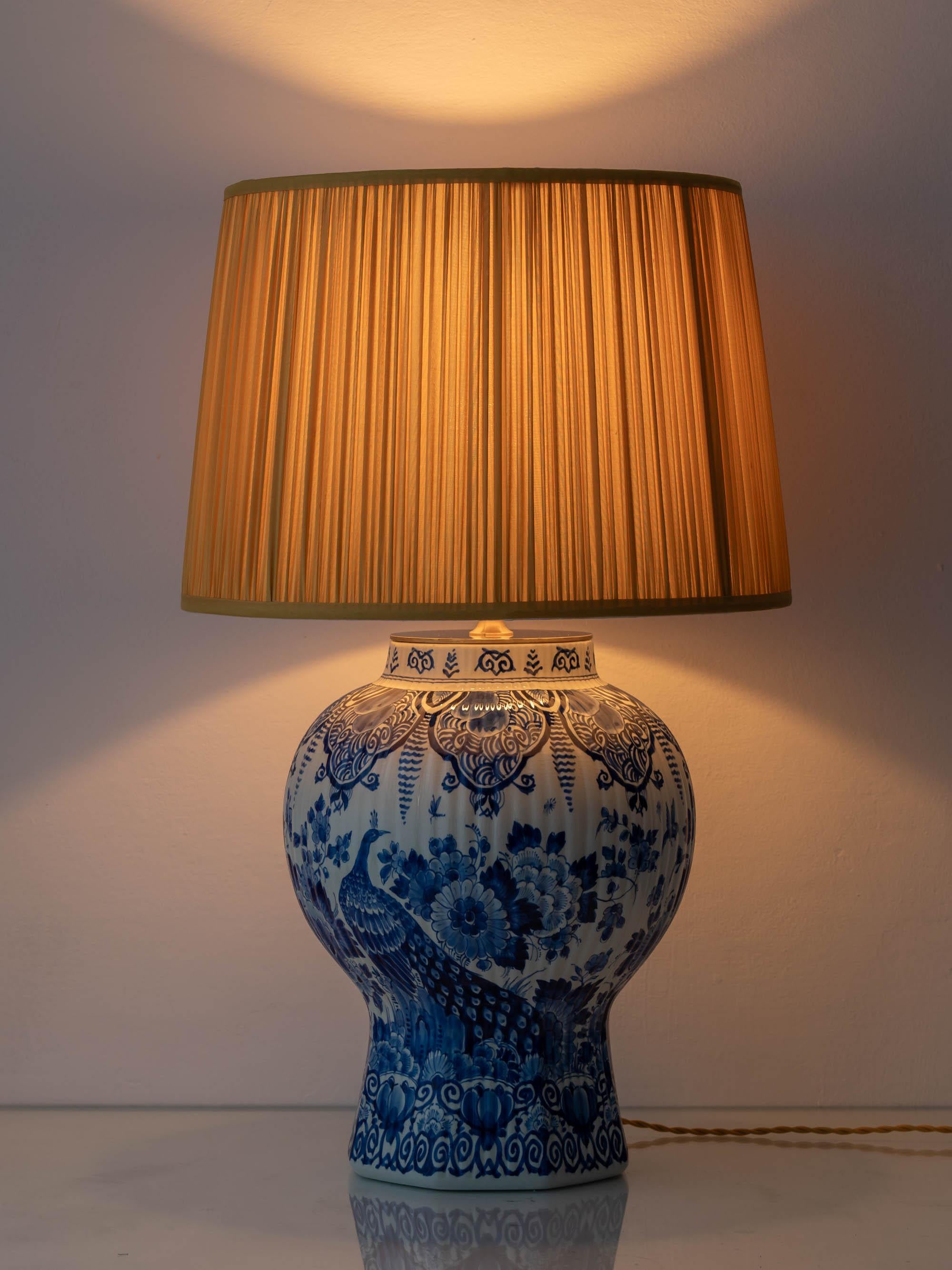Large Hand-Painted Dutch Delft Blue and White Ceramic Peacock Table Lamp, 1961 For Sale 11