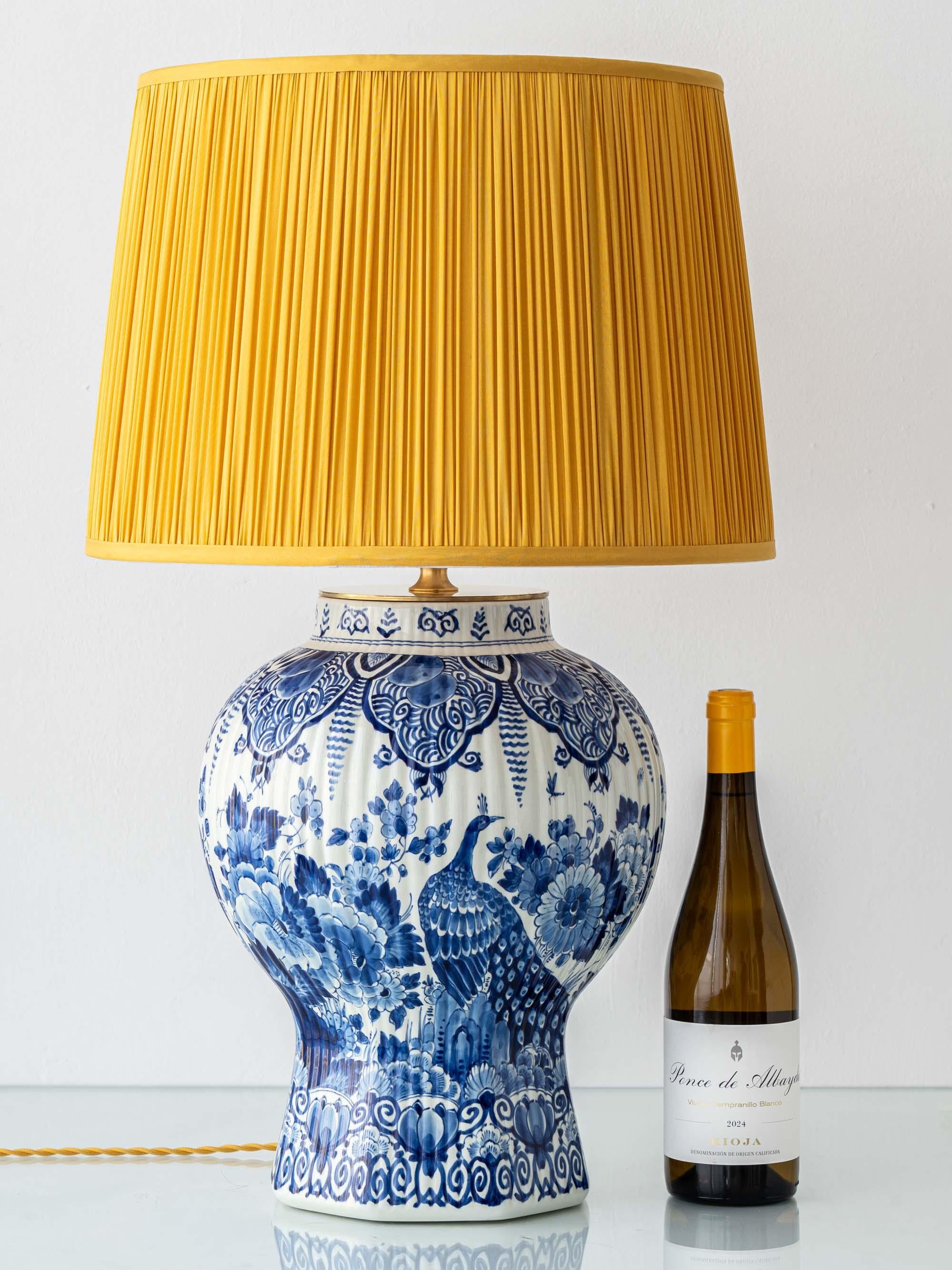 Chinoiserie Large Hand-Painted Dutch Delft Blue and White Ceramic Peacock Table Lamp, 1961 For Sale