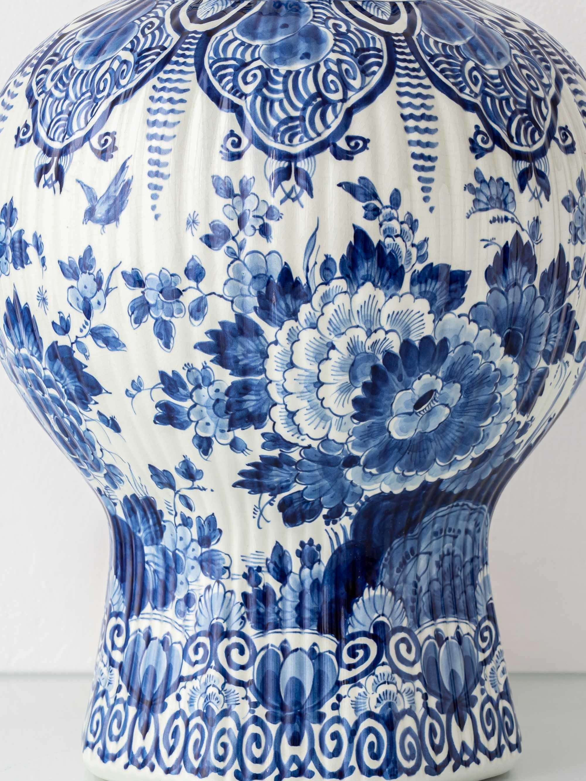 Hand-Crafted Large Hand-Painted Dutch Delft Blue and White Ceramic Peacock Table Lamp, 1961 For Sale