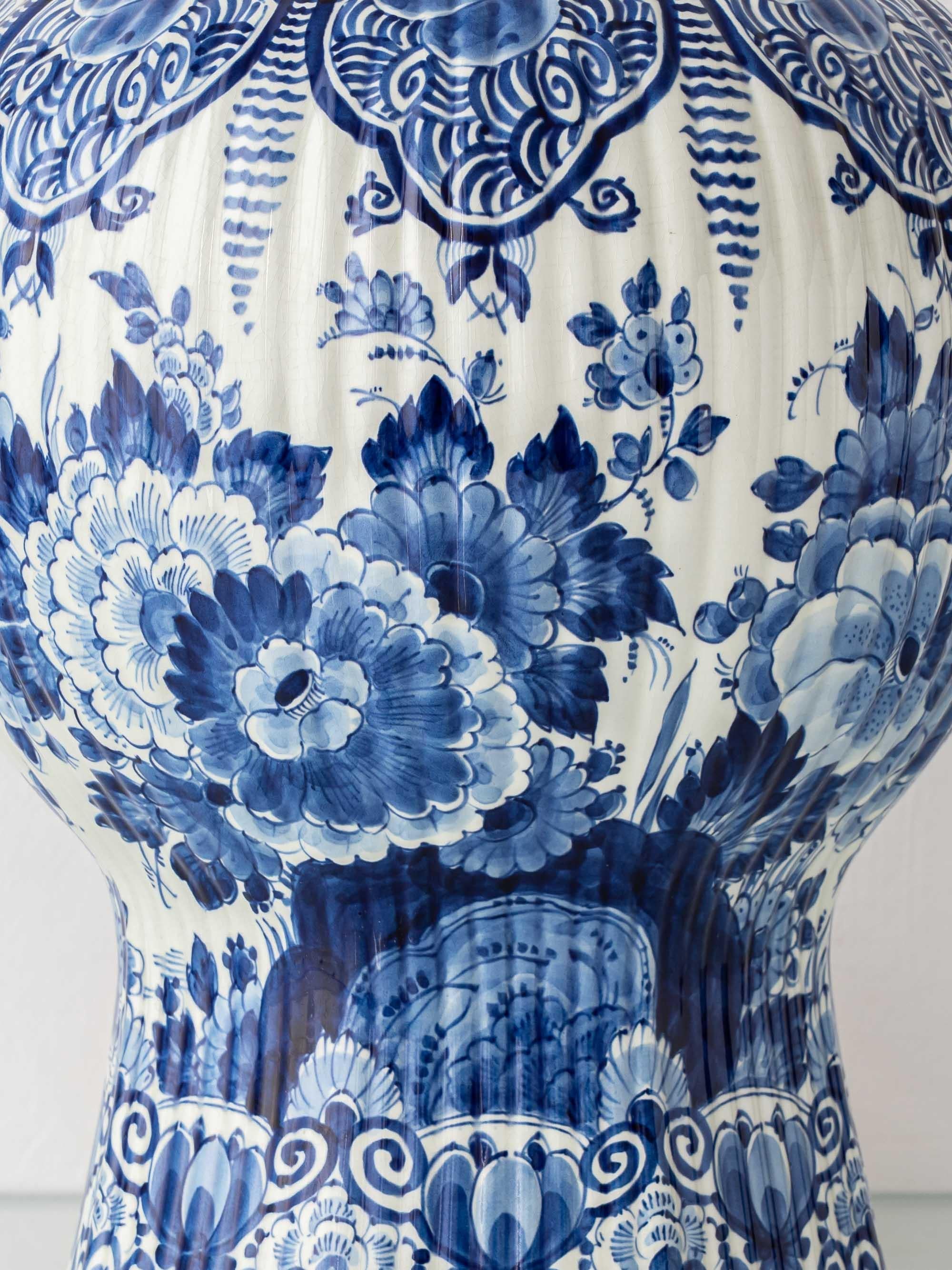 Brass Large Hand-Painted Dutch Delft Blue and White Ceramic Peacock Table Lamp, 1961 For Sale
